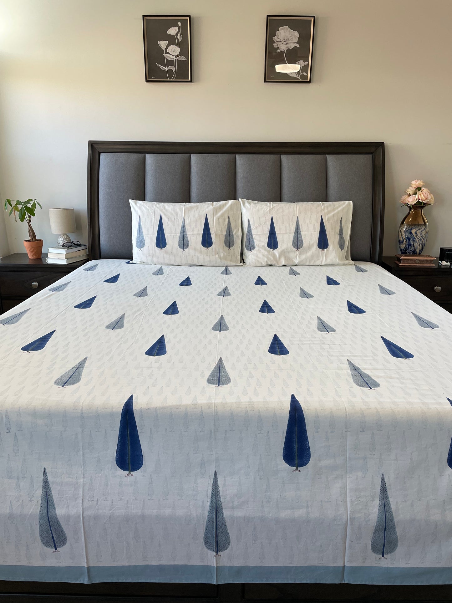 Blue Leaf Haven Handblock Printed Cotton Bedsheet