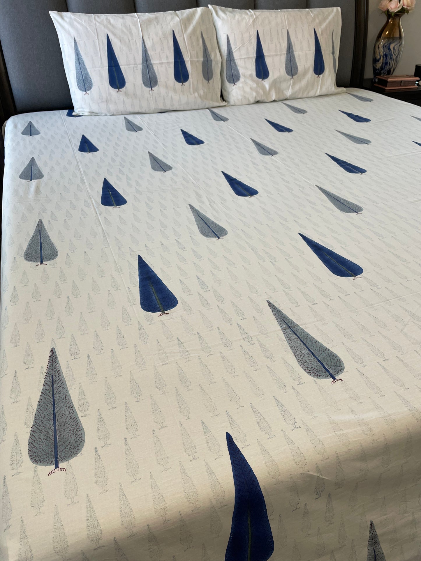 Blue Leaf Haven Handblock Printed Cotton Bedsheet