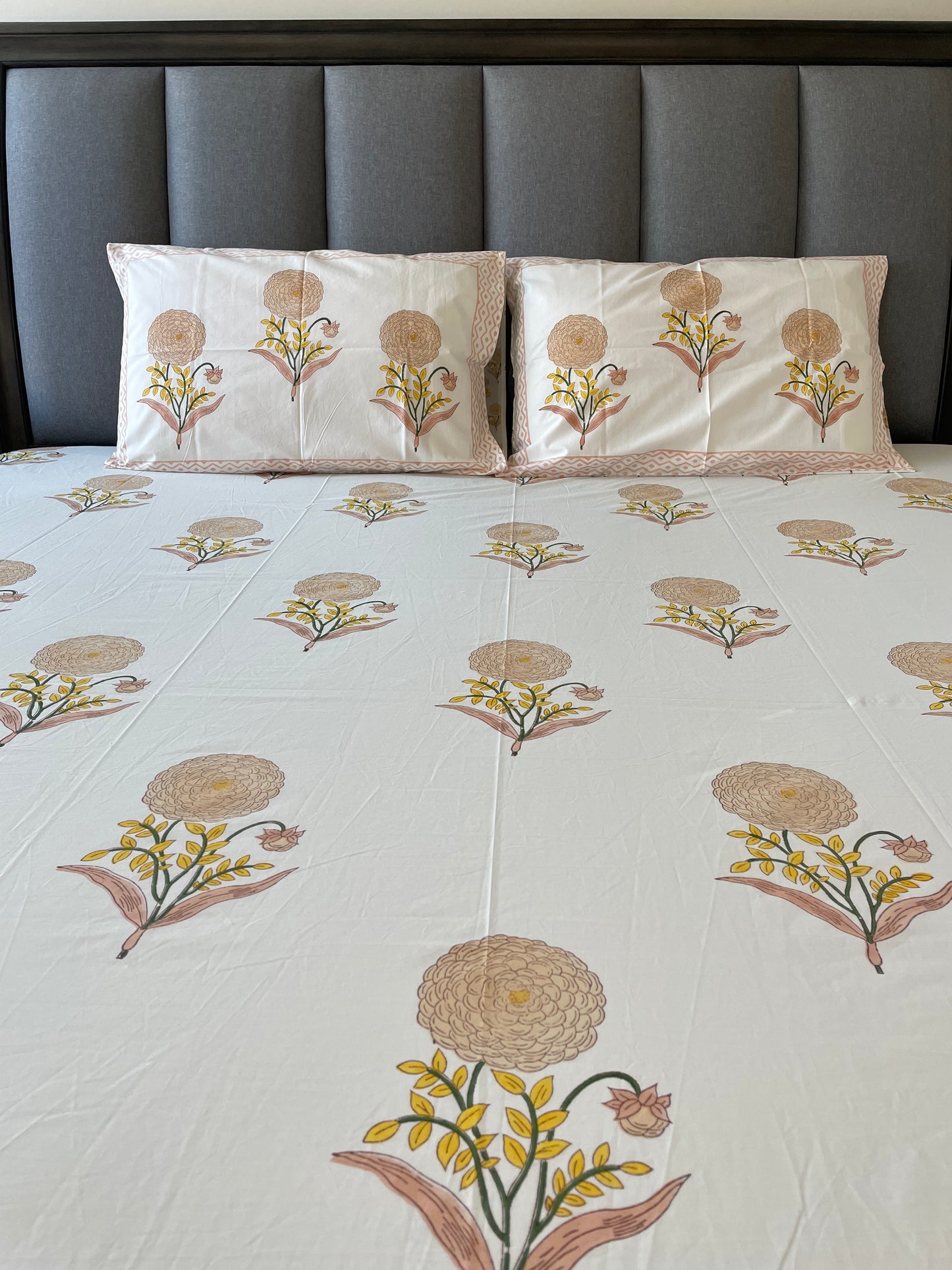 Marigold Floral Handblock Printed Cotton Bedsheet