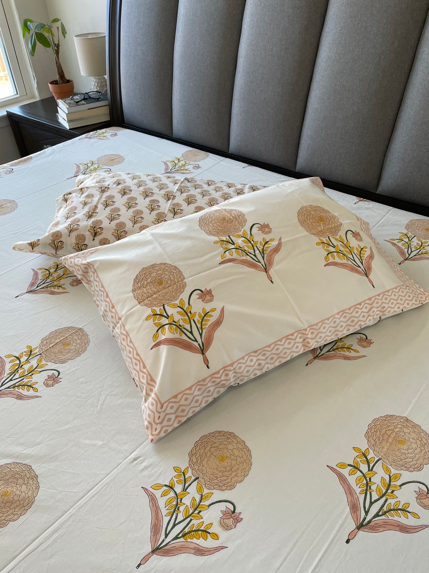 Marigold Floral Handblock Printed Cotton Bedsheet