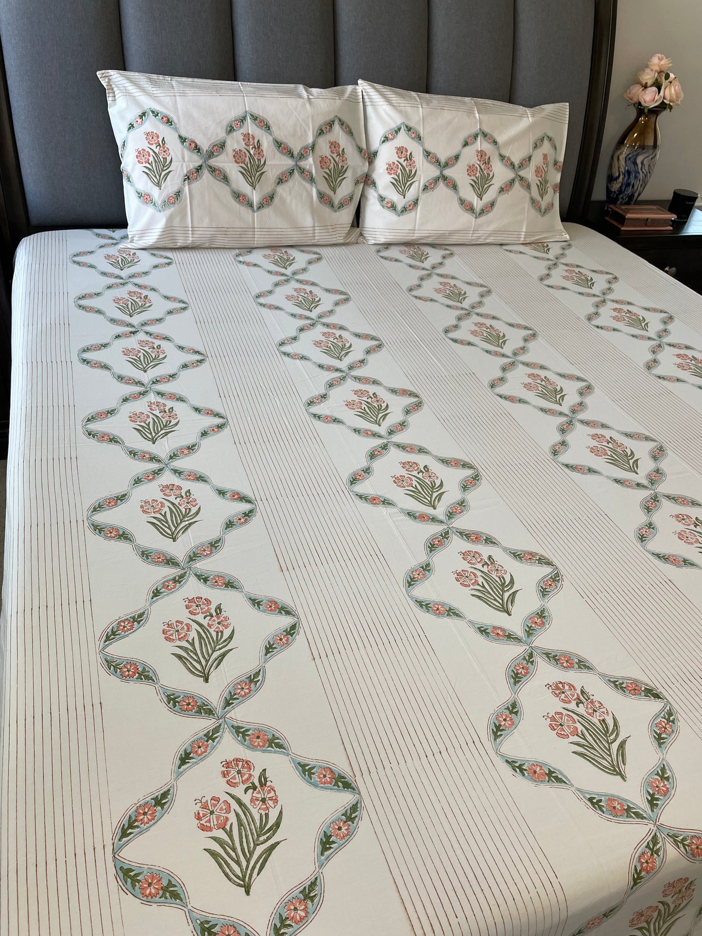 Floral Cascade Handblock Printed Cotton Bedsheet