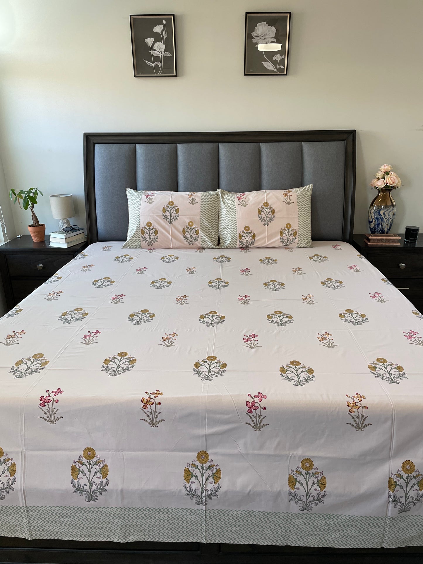Floral Pink Delight Handblock Printed Cotton Bedsheet