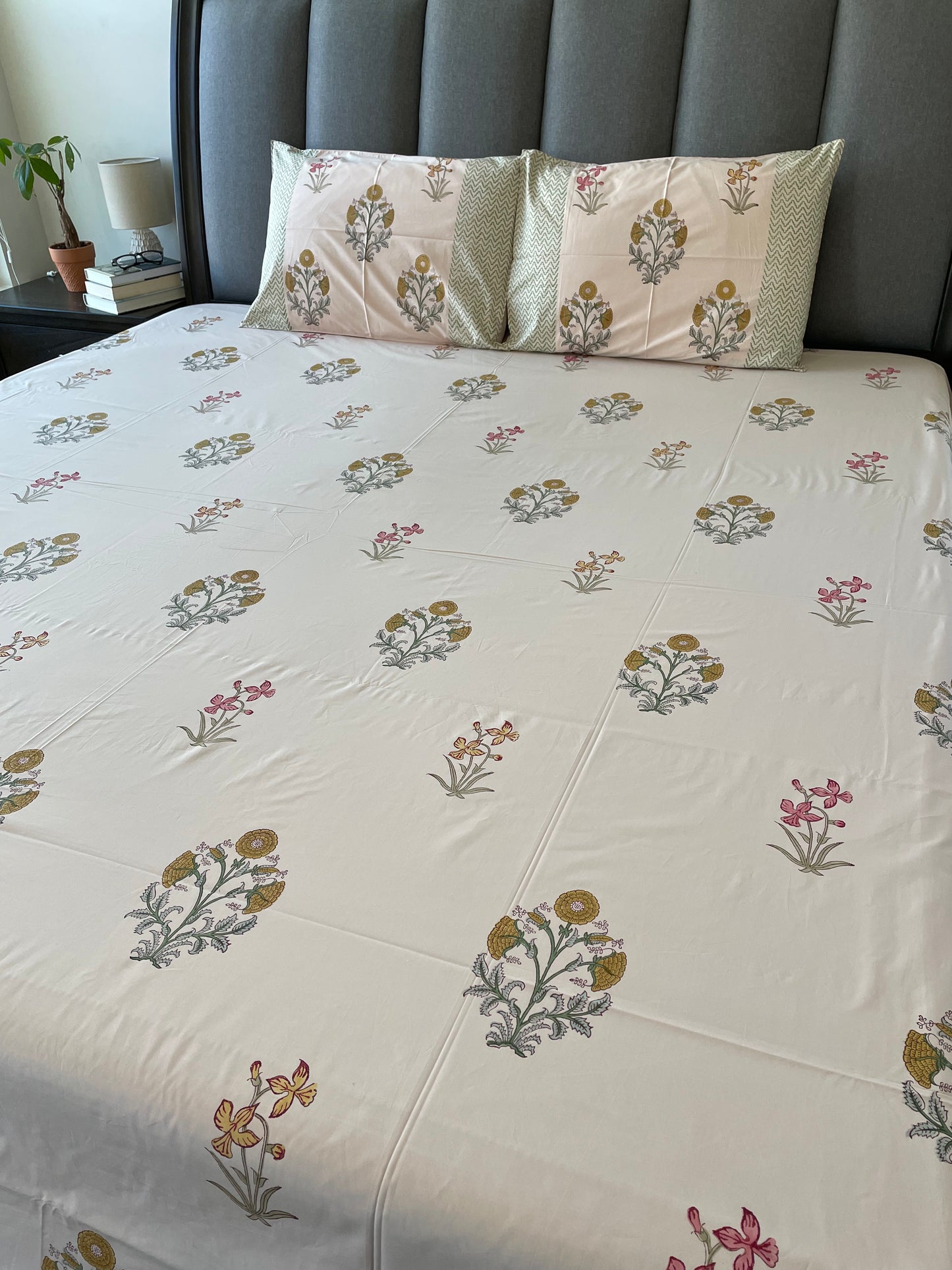 Floral Pink Delight Handblock Printed Cotton Bedsheet
