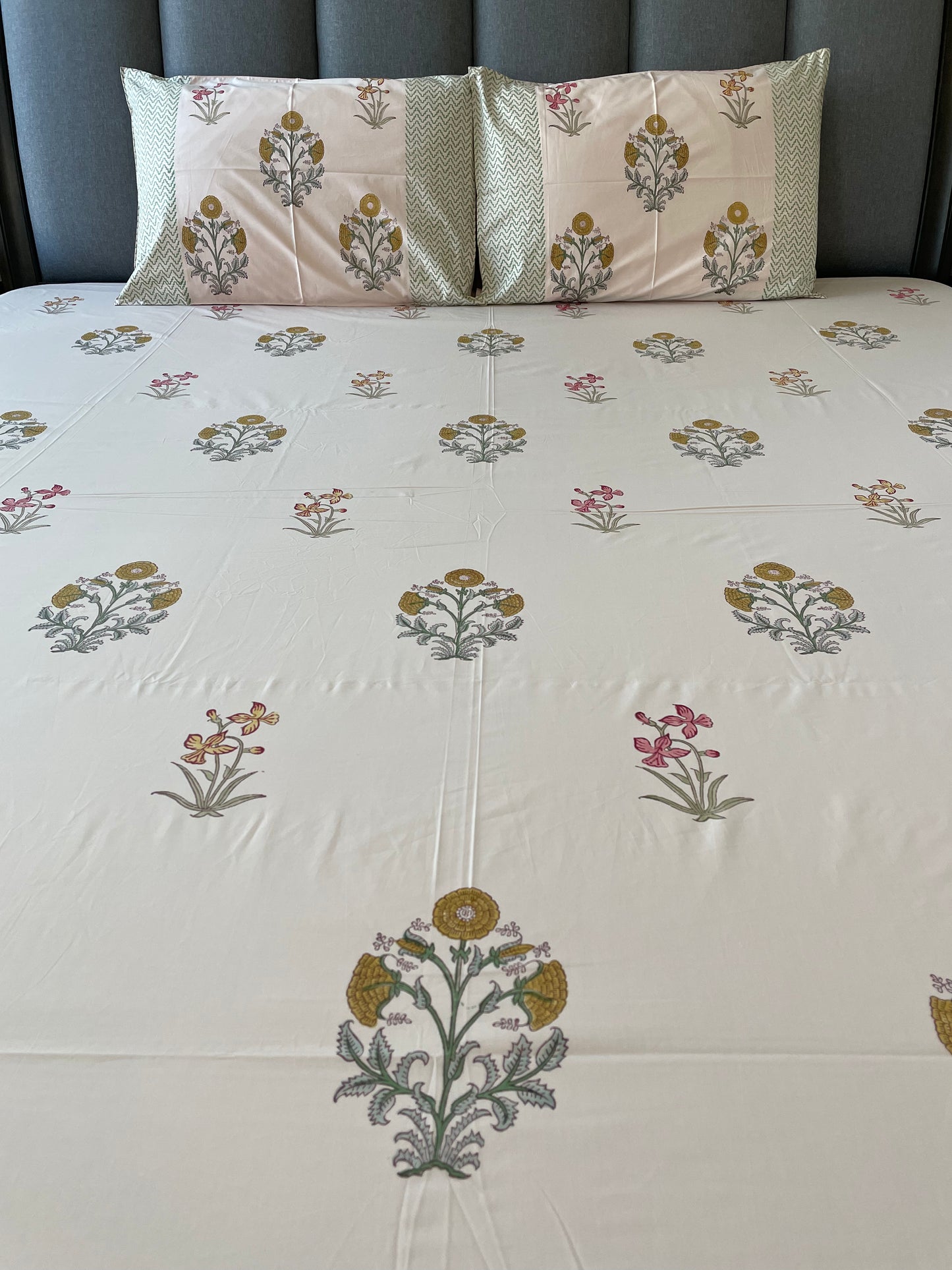 Floral Pink Delight Handblock Printed Cotton Bedsheet