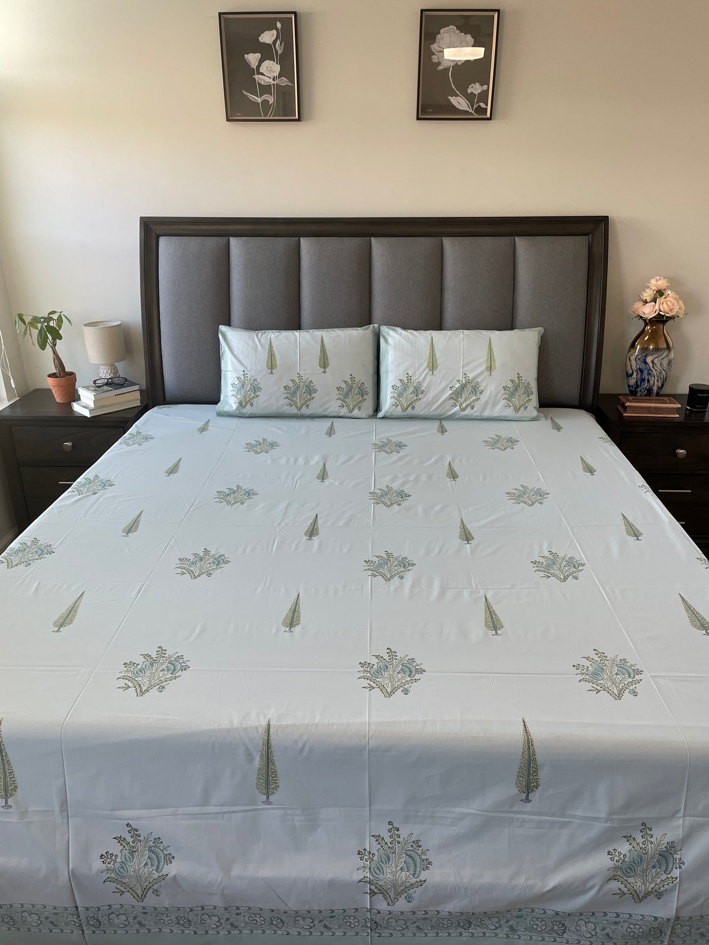 Blue Bloom Bliss Handblock Printed Cotton Bedsheet
