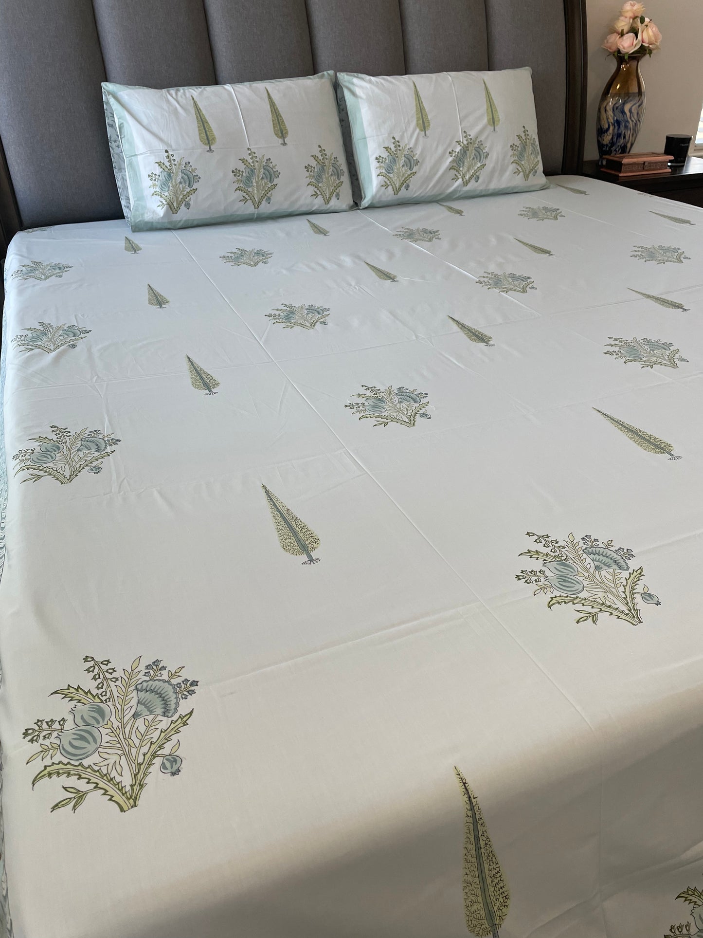 Blue Bloom Bliss Handblock Printed Cotton Bedsheet