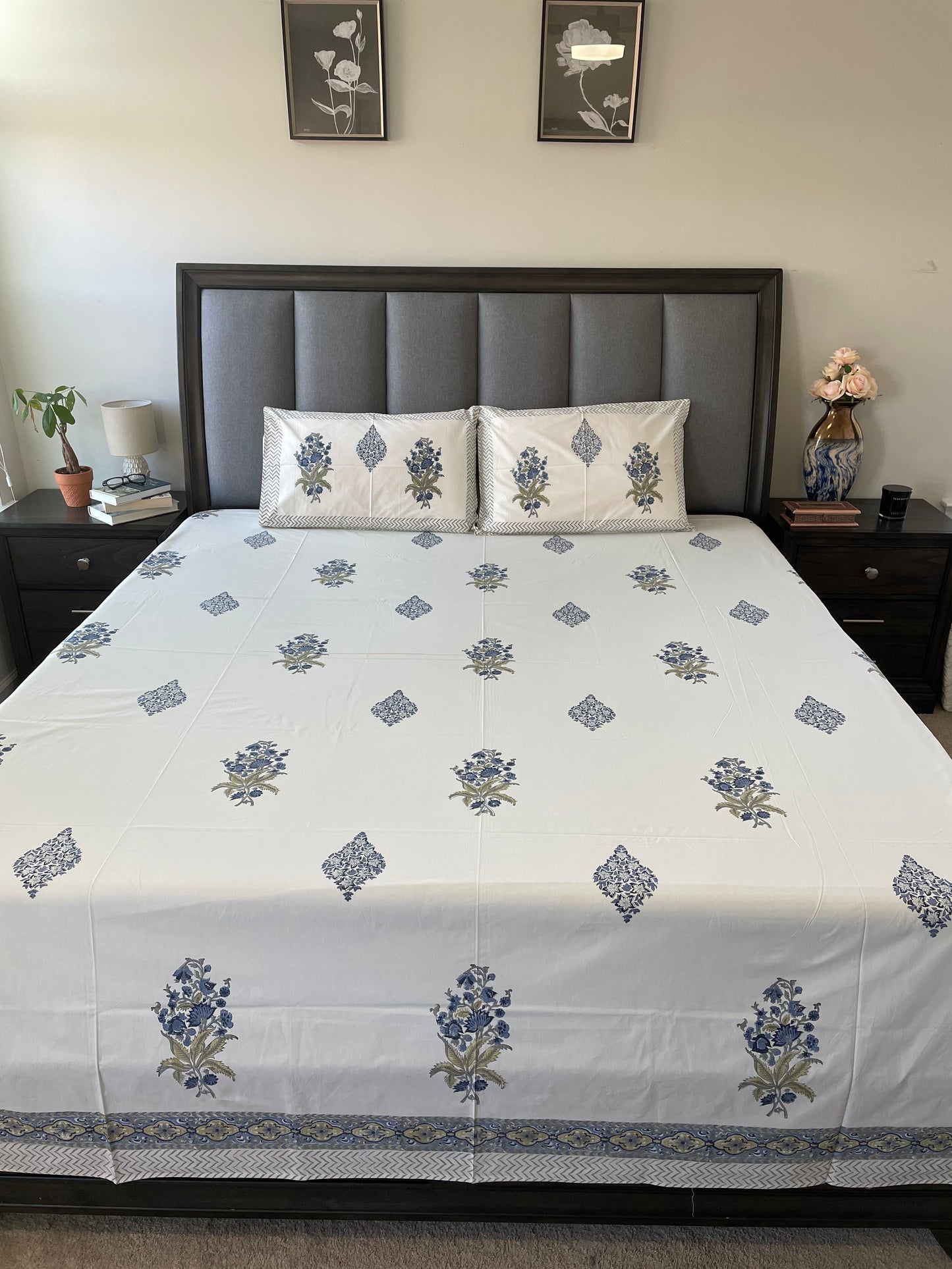 Sapphire Serenity Handblock Printed Cotton Bedsheet