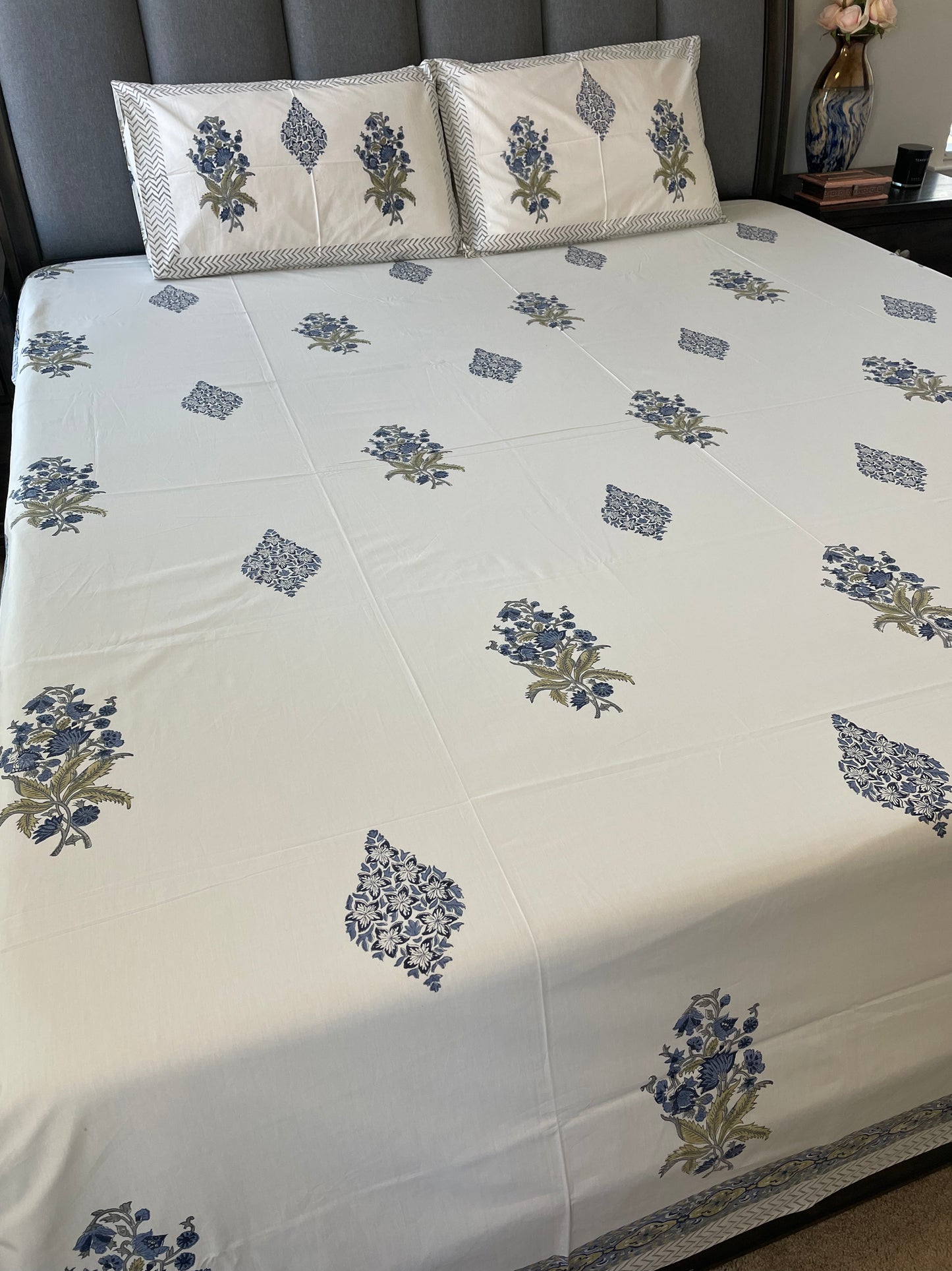 Sapphire Serenity Handblock Printed Cotton Bedsheet
