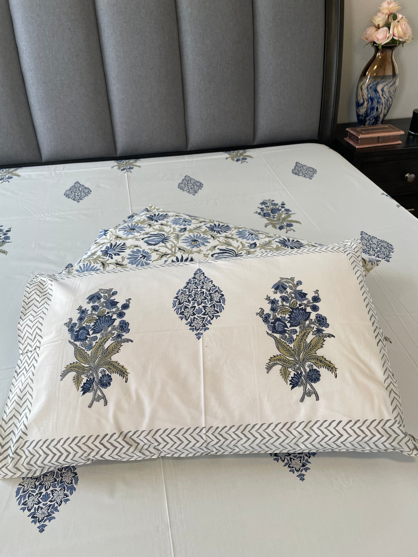 Sapphire Serenity Handblock Printed Cotton Bedsheet