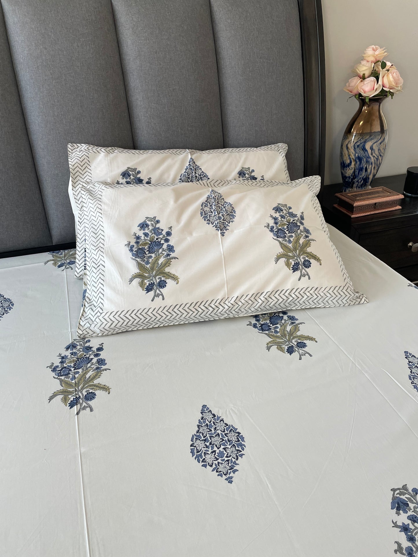 Sapphire Serenity Handblock Printed Cotton Bedsheet