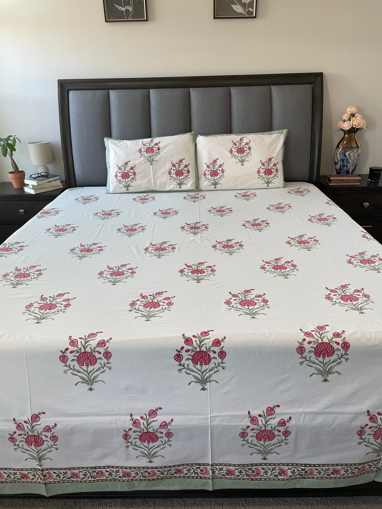 Scarlet Petal Paradise Handblock Printed Cotton Bedsheet