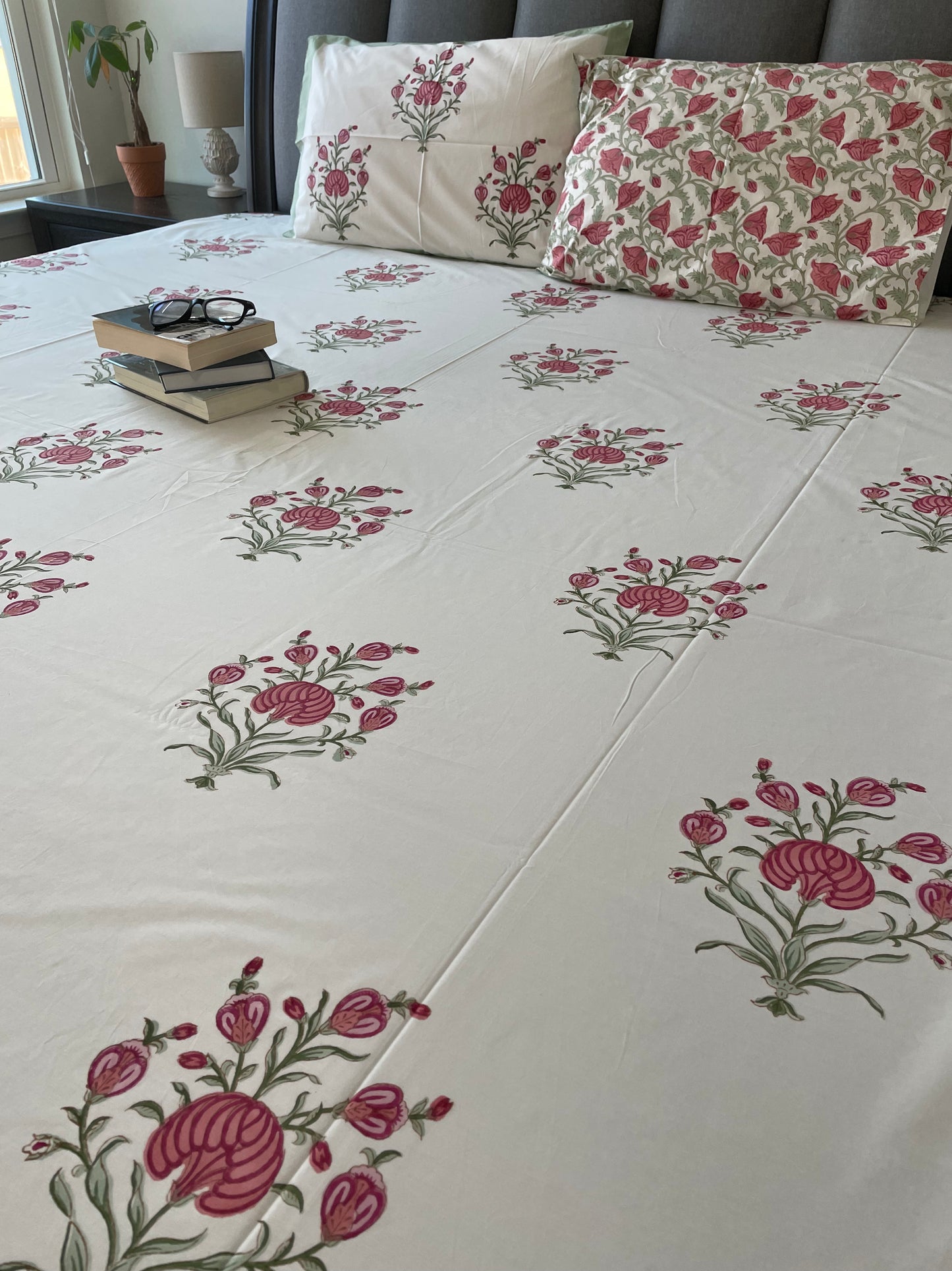 Scarlet Petal Paradise Handblock Printed Cotton Bedsheet