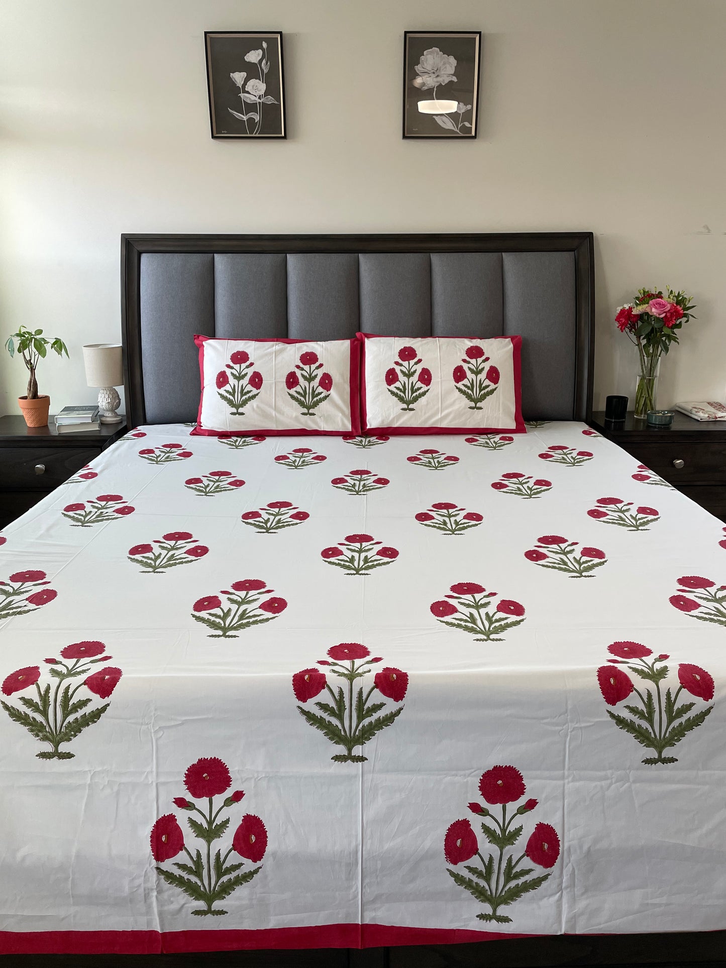 Red Poppy Handblock Printed Cotton Sheet