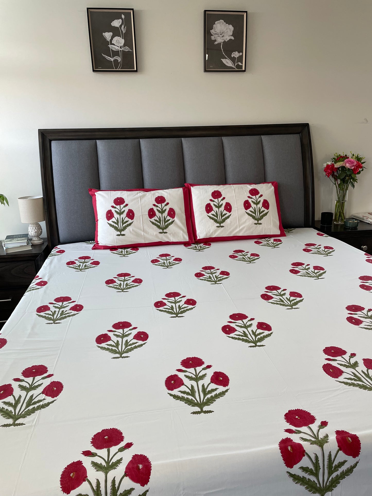 Red Poppy Handblock Printed Cotton Sheet