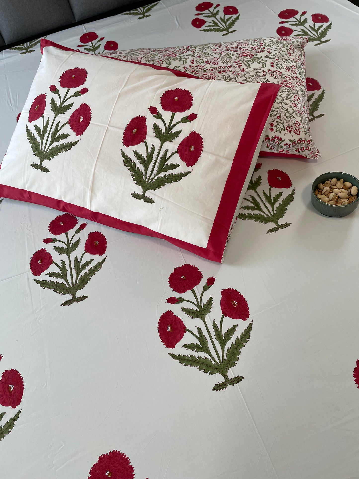 Red Poppy Handblock Printed Cotton Sheet