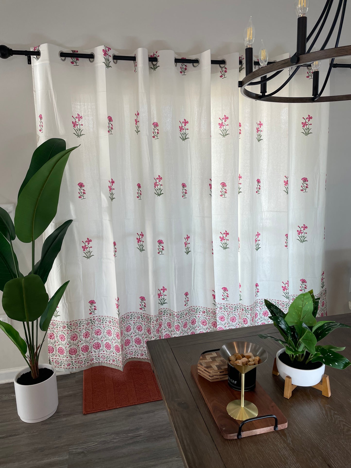 Pink Petal Paradise Hand Block Printed Cotton Curtain (2 Panels)