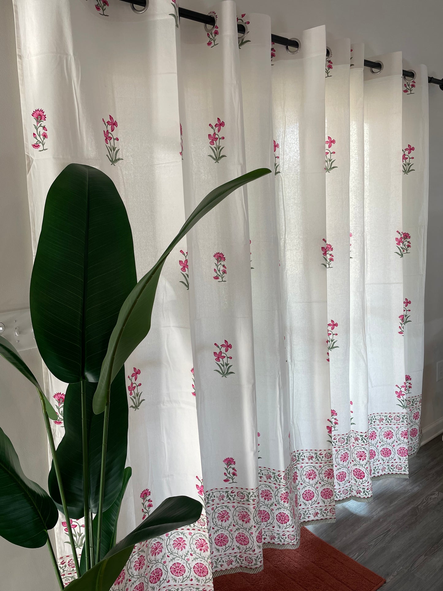 Pink Petal Paradise Hand Block Printed Cotton Curtain (2 Panels)