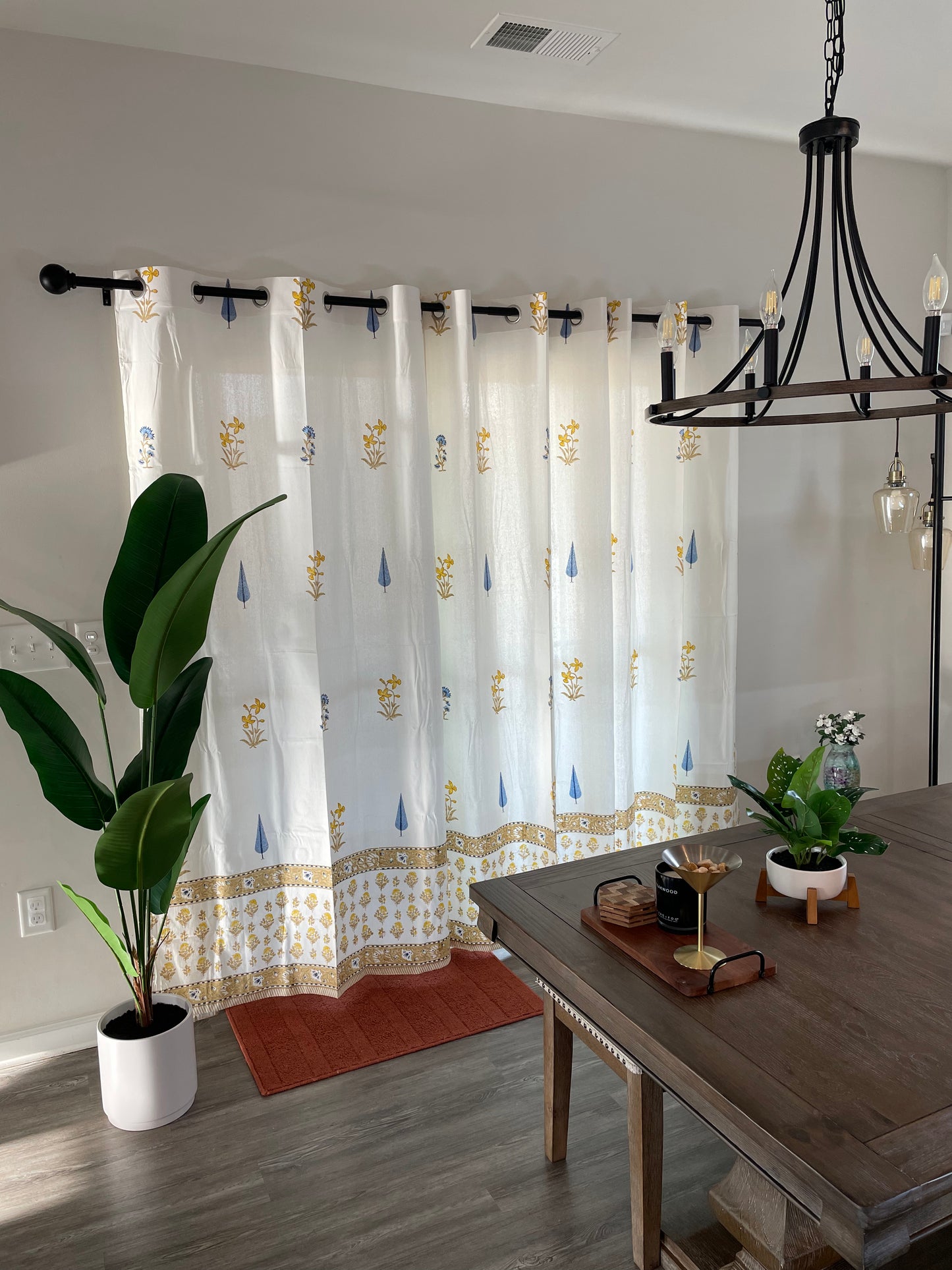 Sunlit Sky Floral Hand Block Printed Cotton Curtain (2 Panels)