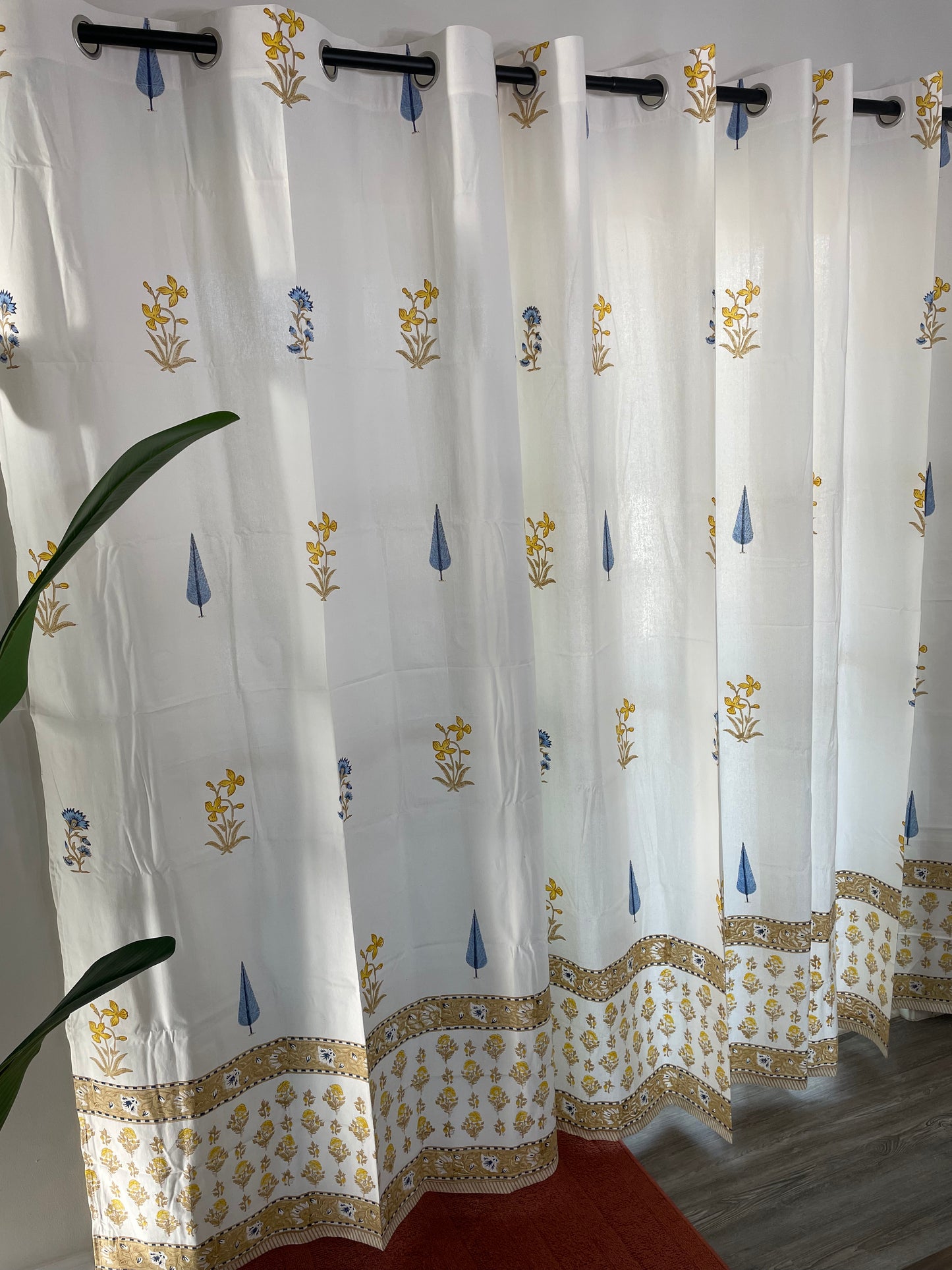 Sunlit Sky Floral Hand Block Printed Cotton Curtain (2 Panels)
