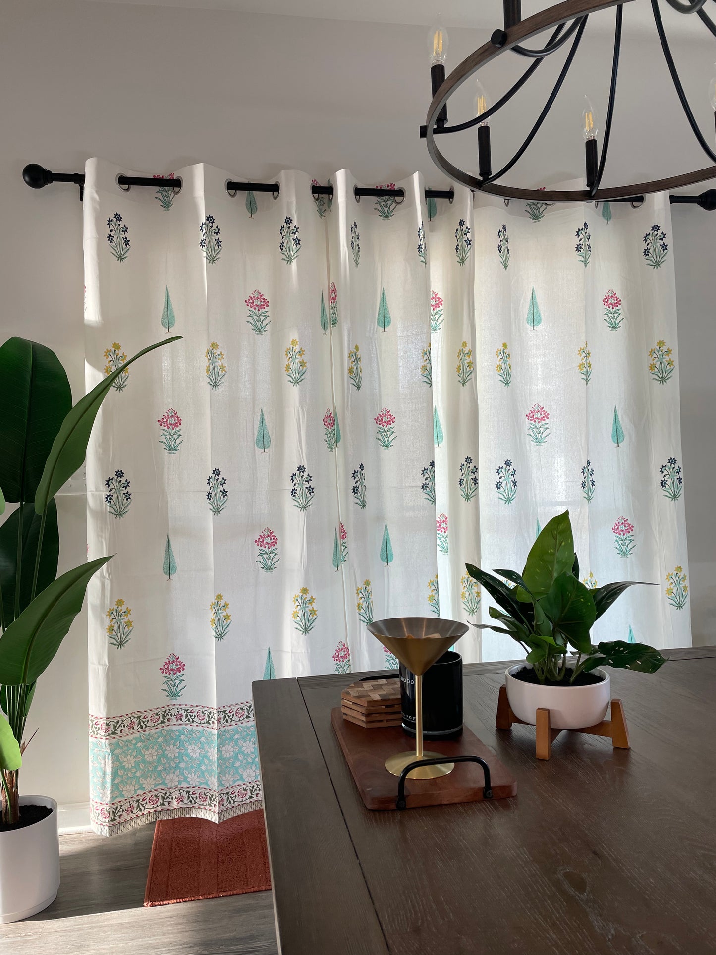 Sky Blue Blossom Hand Block Printed Cotton Curtain (2 Panels)