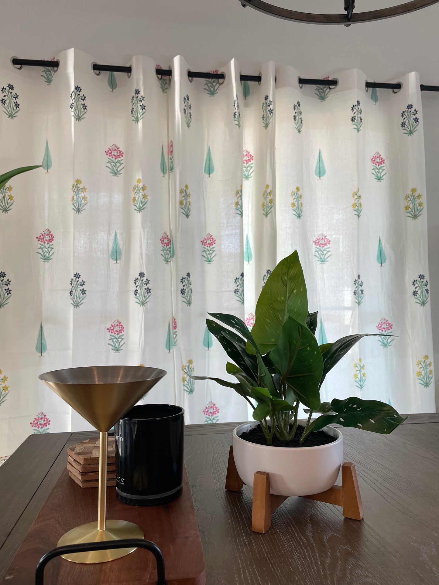 Sky Blue Blossom Hand Block Printed Cotton Curtain (2 Panels)