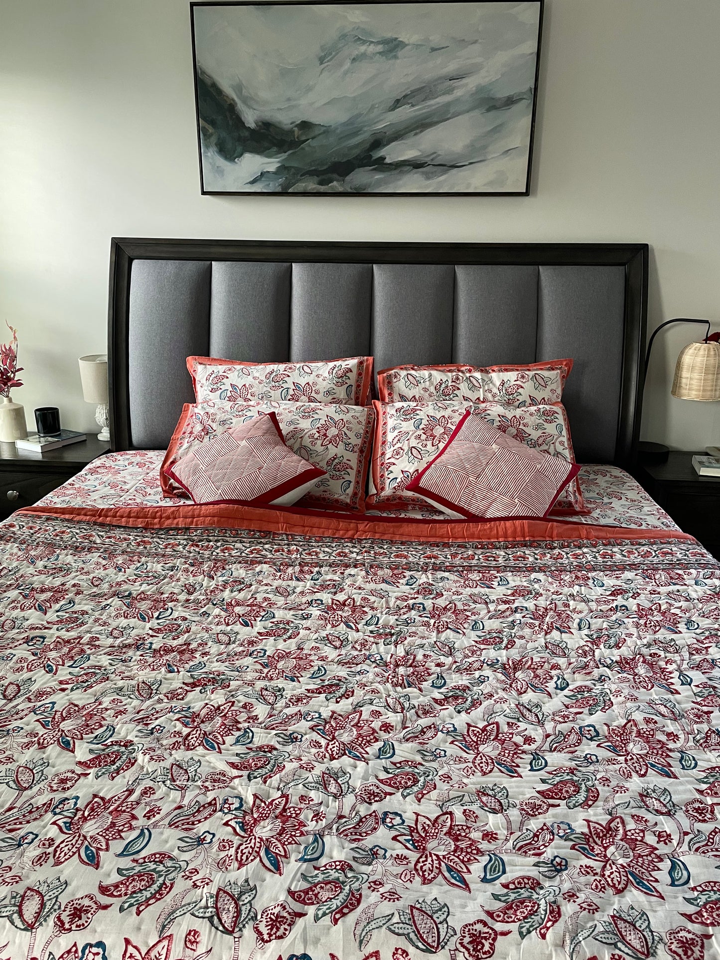 Serenity Gardens Handblocked and Hand Stitched Reversible Mulmul Cotton Quilt