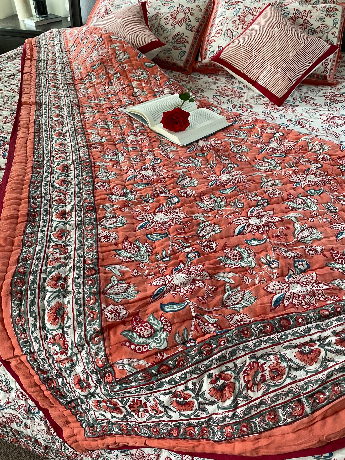 Serenity Gardens Handblocked and Hand Stitched Reversible Mulmul Cotton Quilt