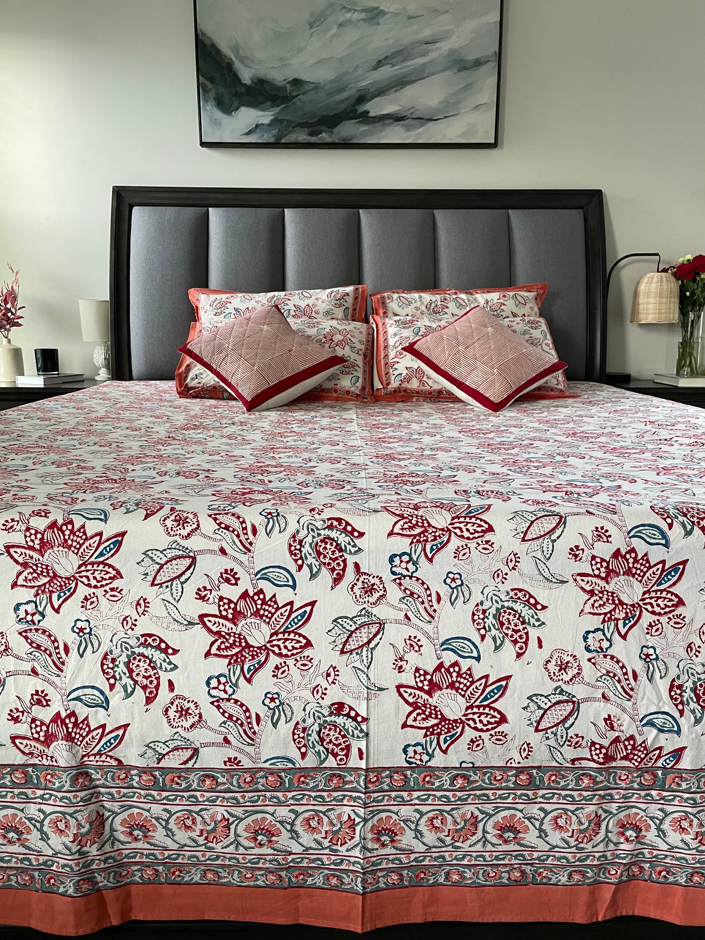 Serenity Gardens Handblocked and Hand Stitched Reversible Mulmul Cotton Quilt