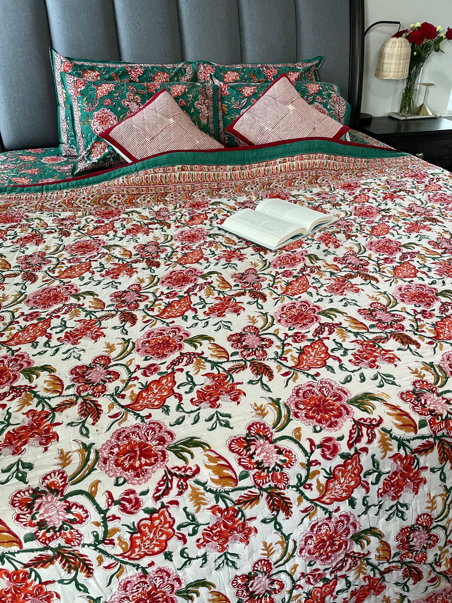 Enchanting Meadows Handblocked and Hand Stitched Reversible Mulmul Cotton Quilt