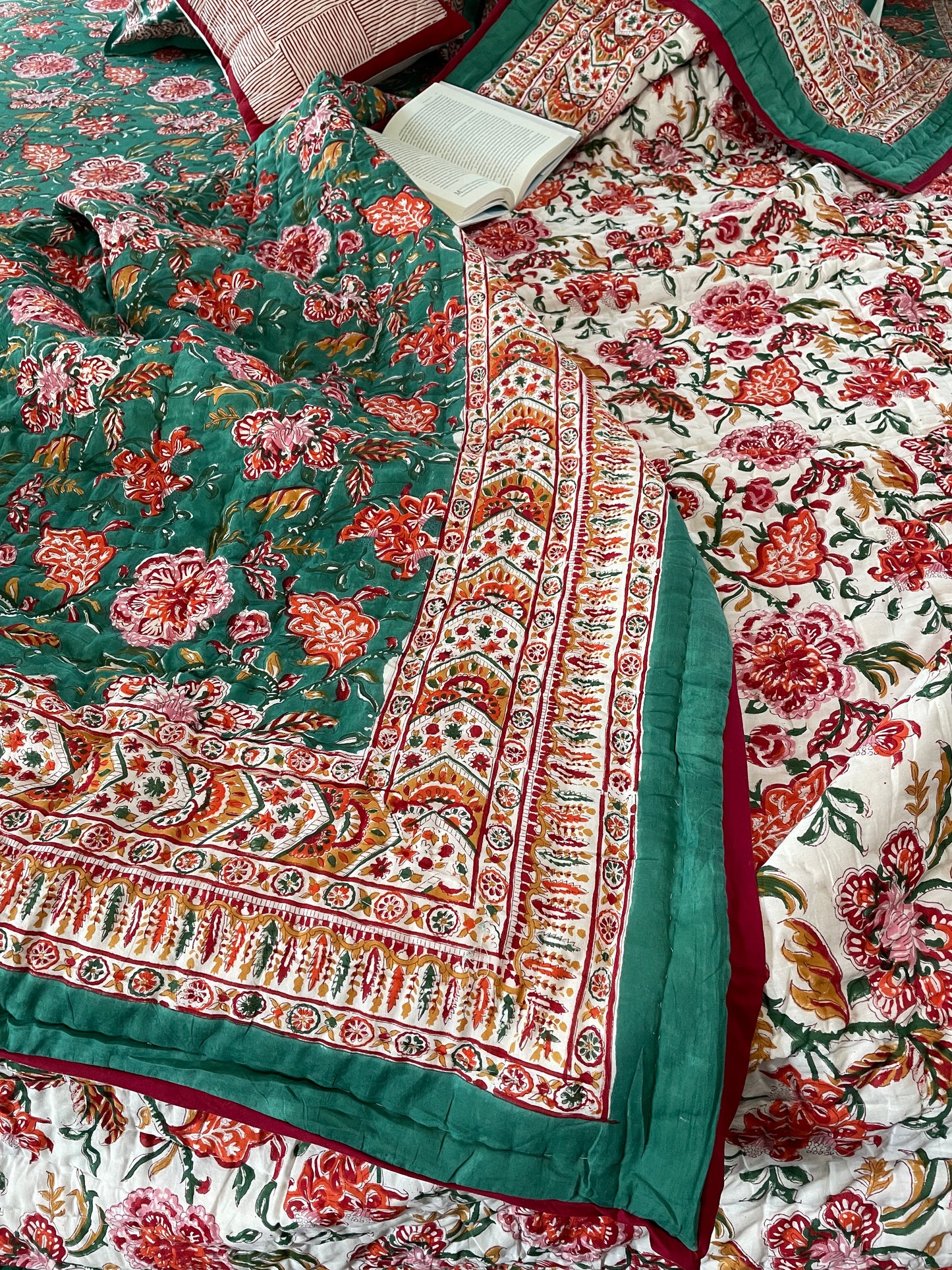 Enchanting Meadows Handblocked and Hand Stitched Reversible Mulmul Cotton Quilt