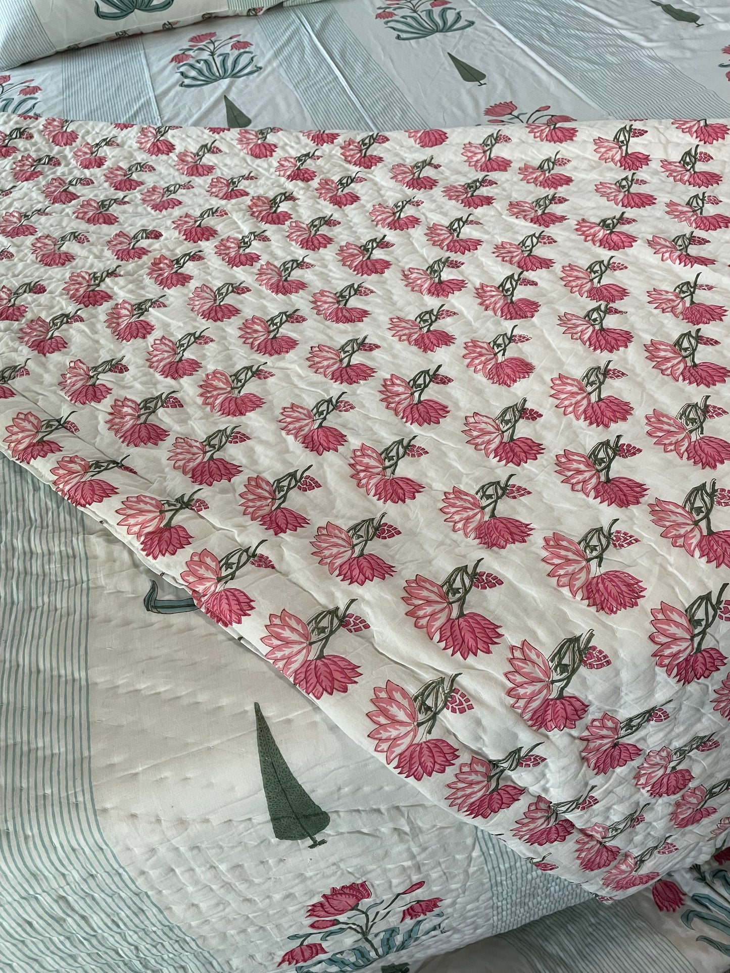 Mystic Mosaic Handblocked and Hand Stitched Reversible Mulmul Cotton Quilt