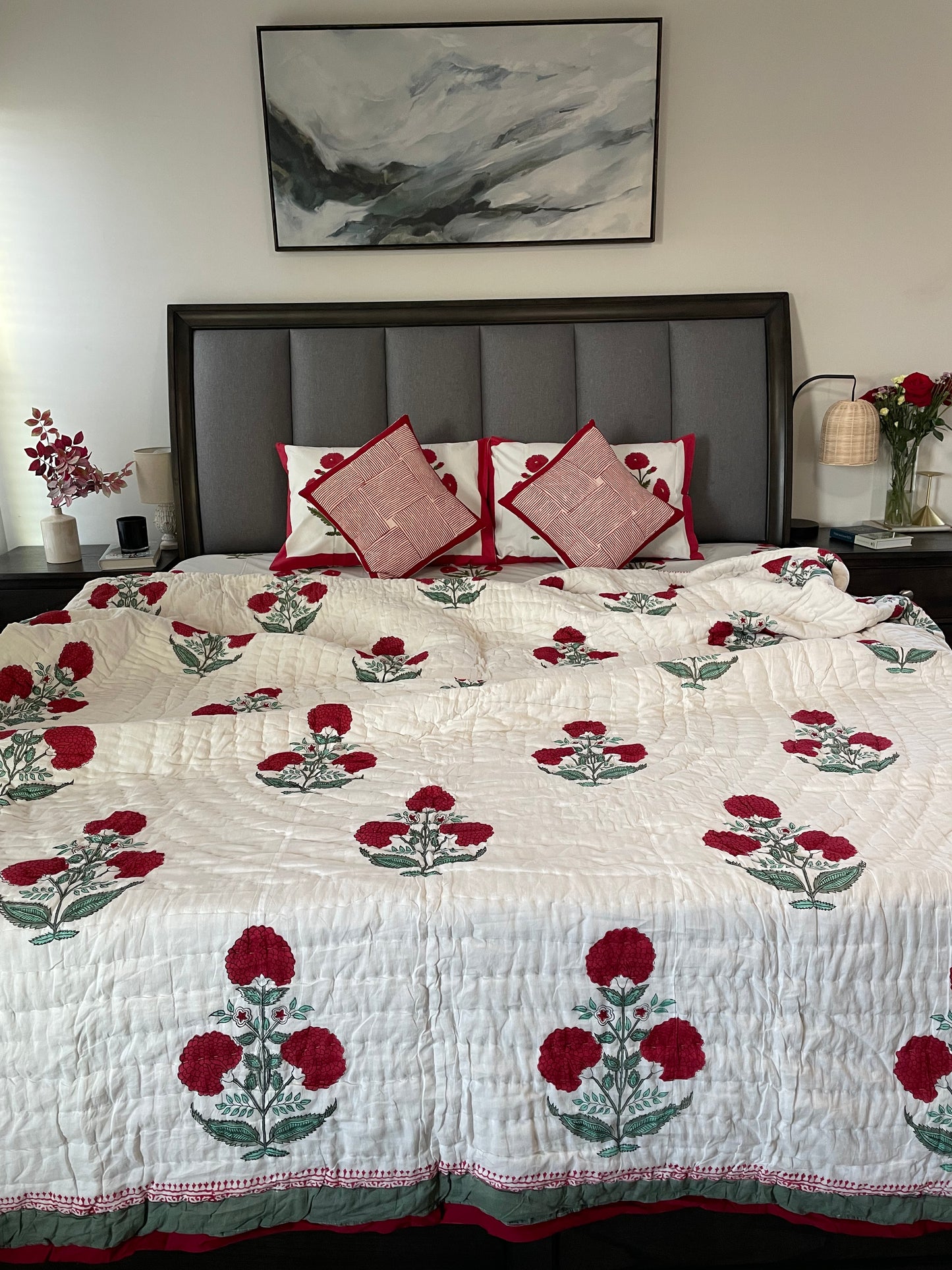 Red Poppy Blossom Handblocked and Hand Stitched Reversible Mulmul Cotton Quilt