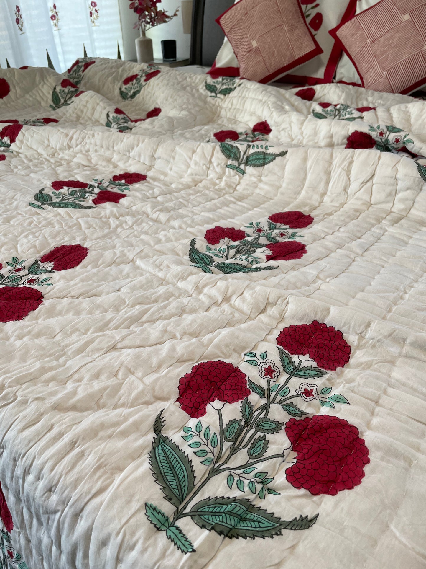 Red Poppy Blossom Handblocked and Hand Stitched Reversible Mulmul Cotton Quilt