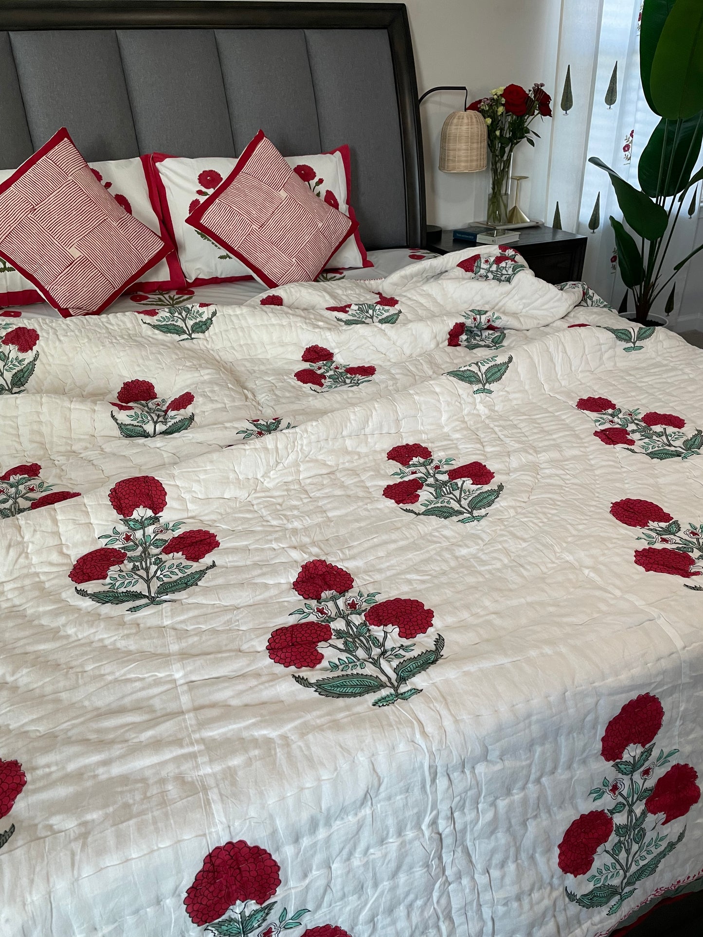 Red Poppy Blossom Handblocked and Hand Stitched Reversible Mulmul Cotton Quilt
