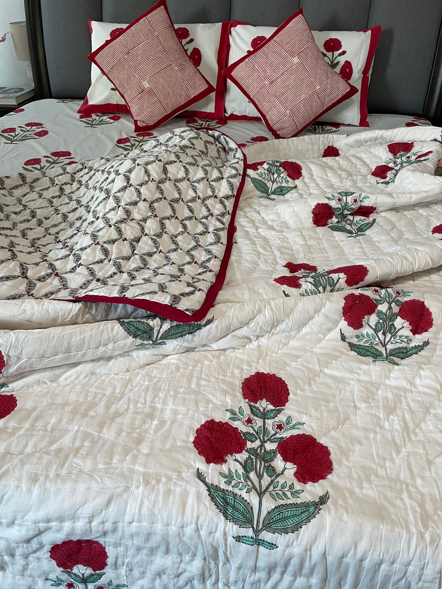 Red Poppy Blossom Handblocked and Hand Stitched Reversible Mulmul Cotton Quilt