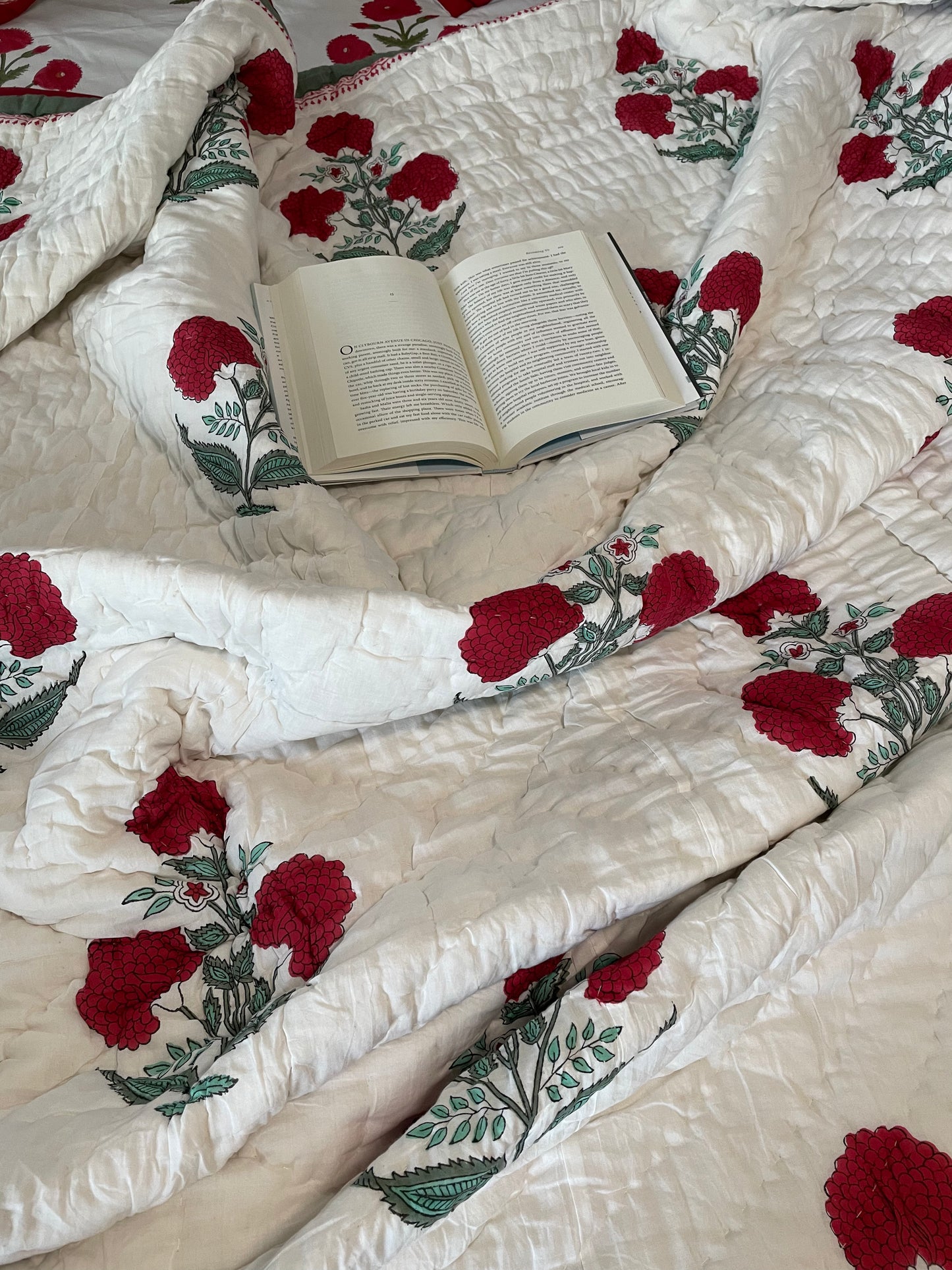 Red Poppy Blossom Handblocked and Hand Stitched Reversible Mulmul Cotton Quilt