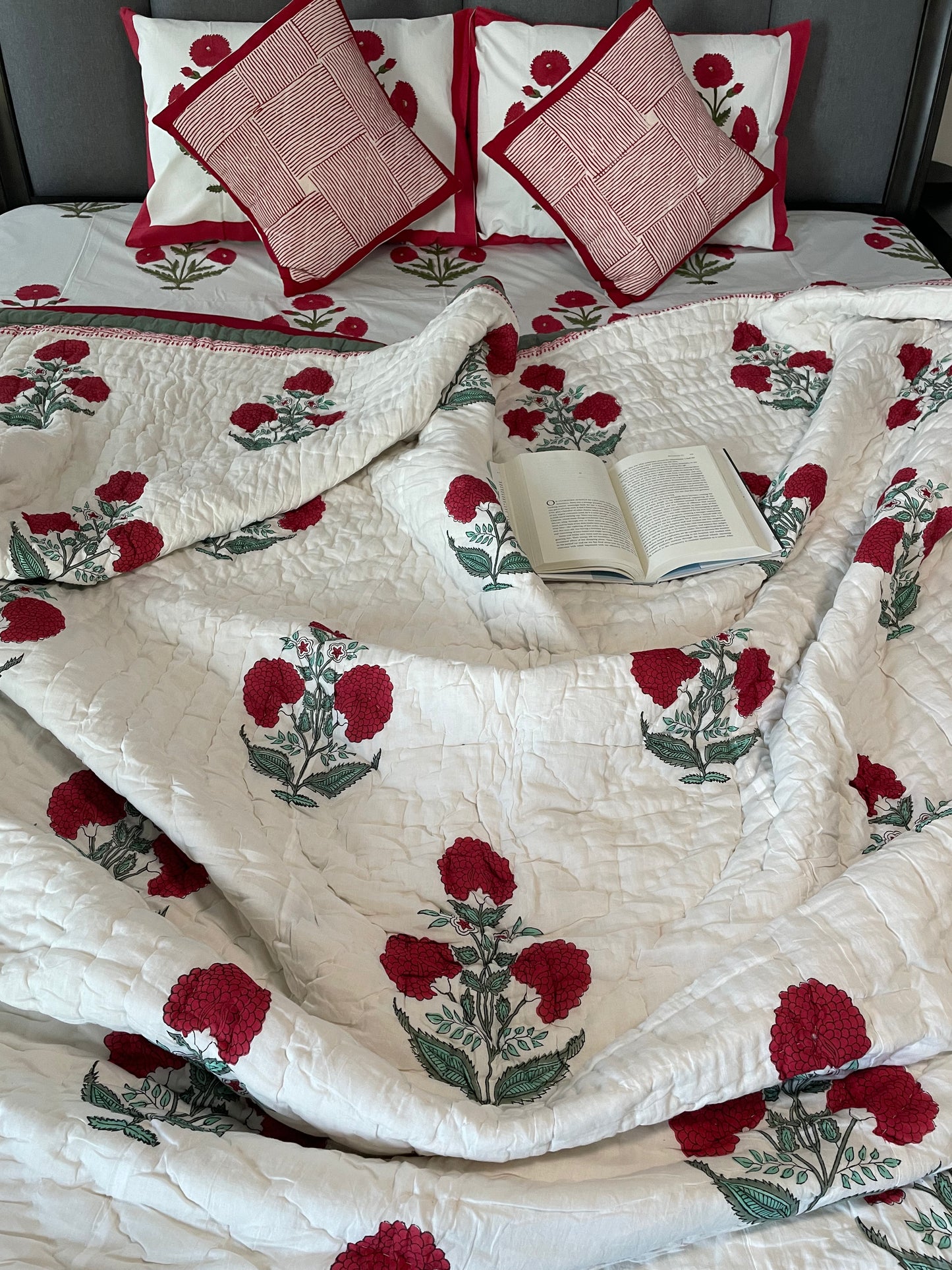 Red Poppy Blossom Handblocked and Hand Stitched Reversible Mulmul Cotton Quilt