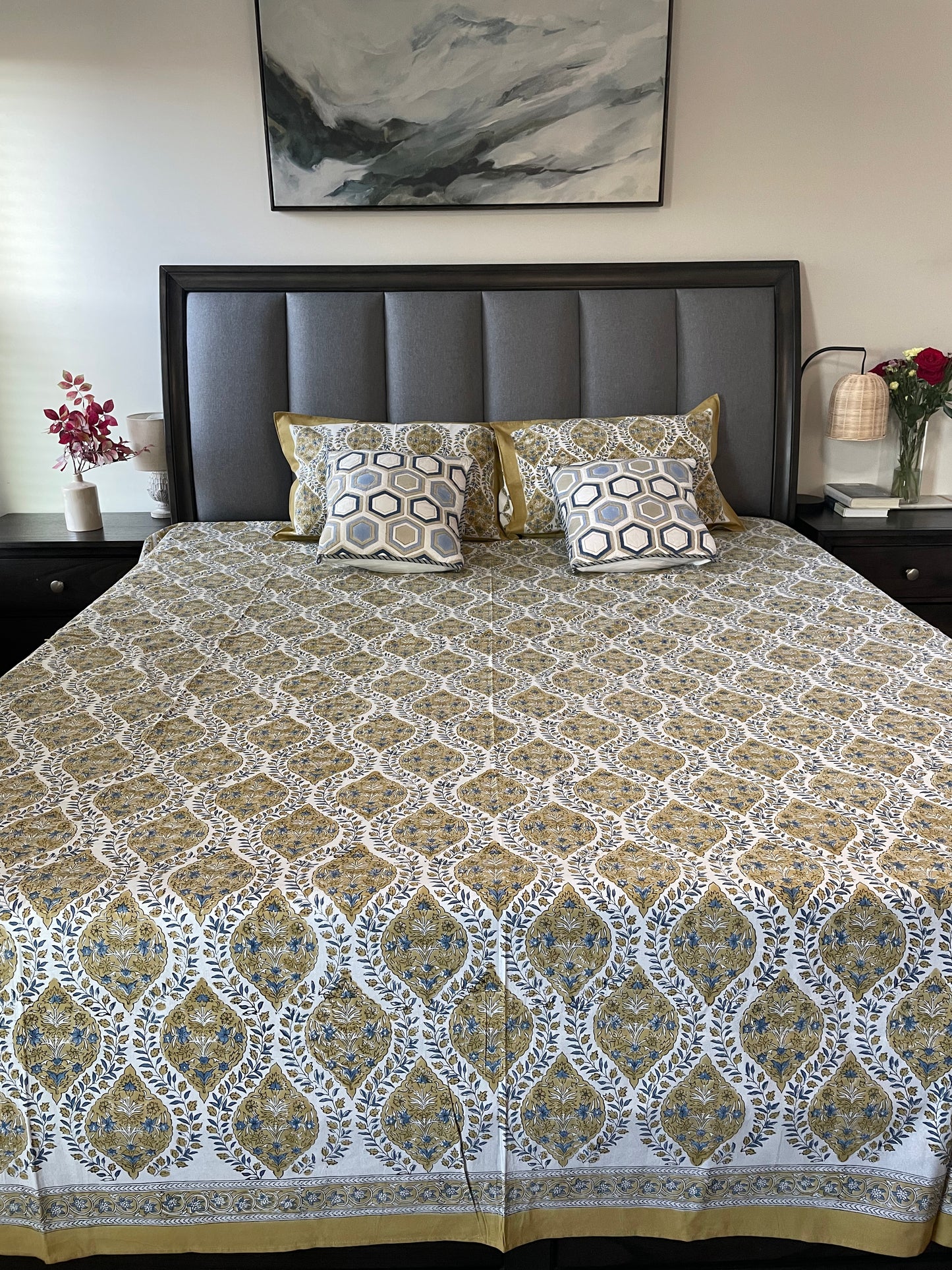 Golden Glow Handblock Printed Cotton Bedsheet