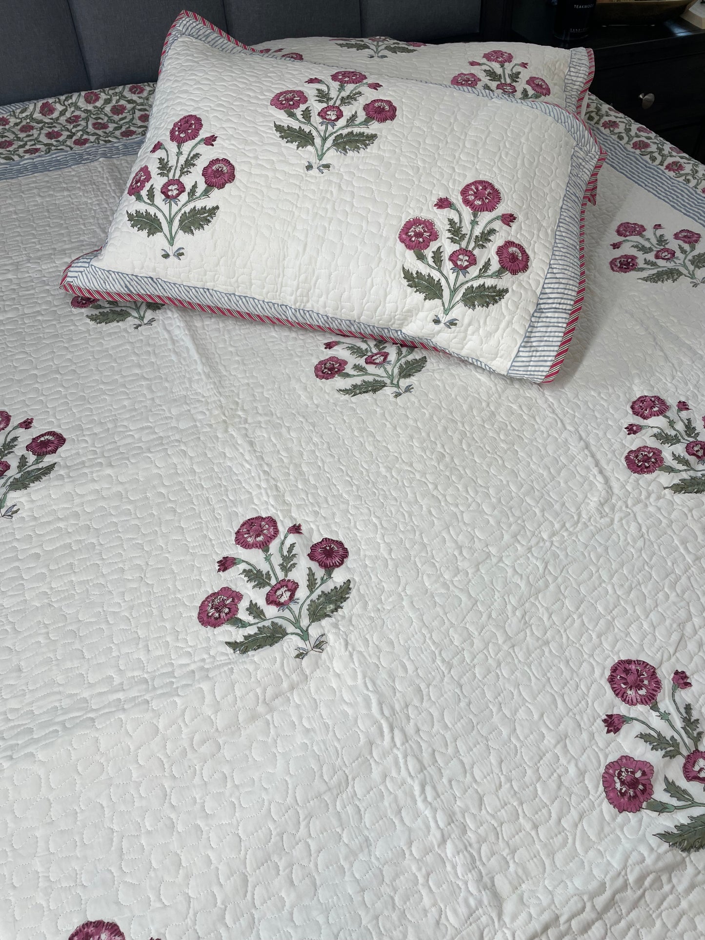 Floral Symphony Handblock printed Reversible Mulmul quilted Bedcover - Quilted Pillow cover Included