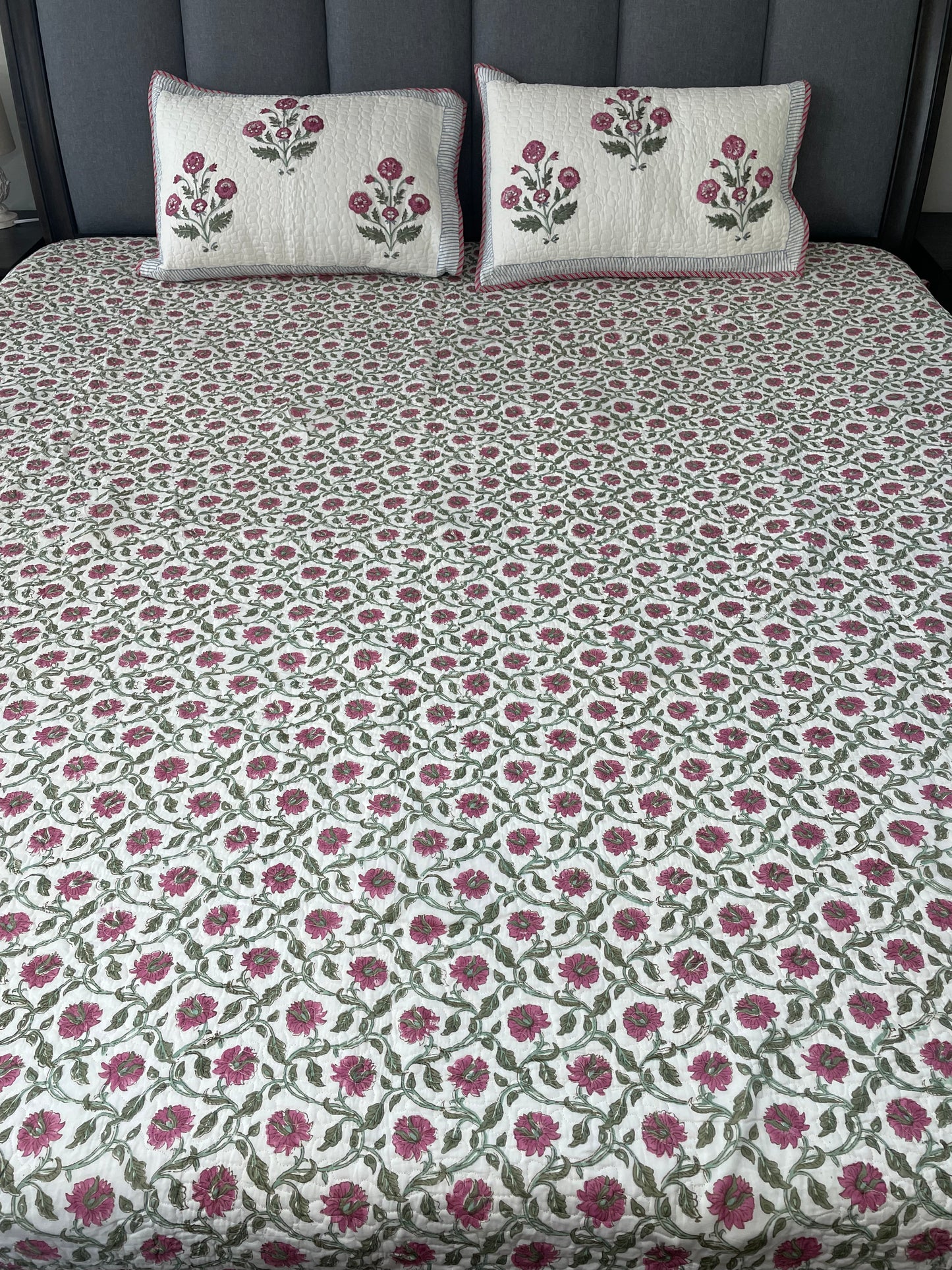Floral Symphony Handblock printed Reversible Mulmul quilted Bedcover - Quilted Pillow cover Included