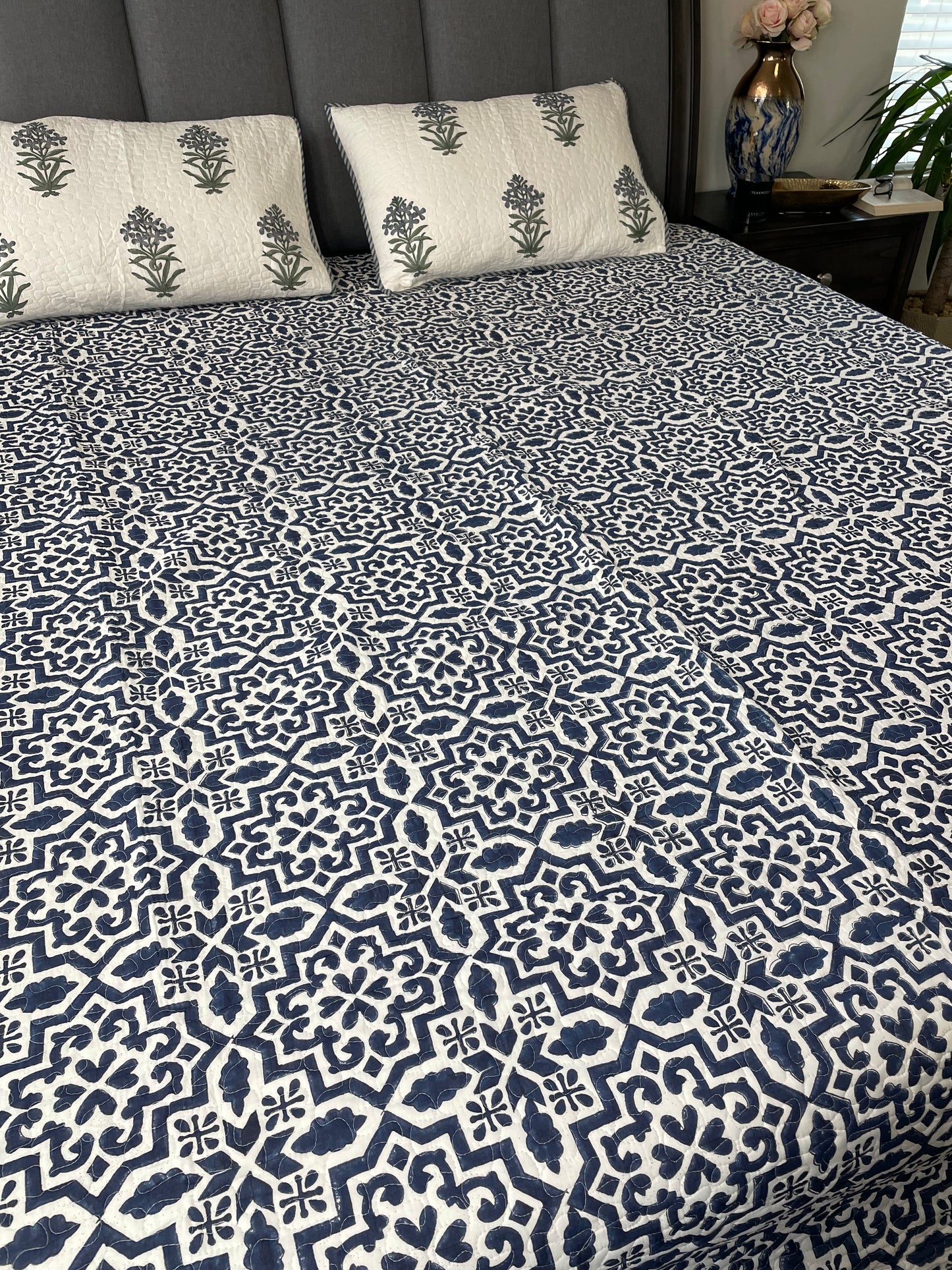 Blue Horizon Handblock printed Reversible Mulmul quilted Bedcover - Quilted Pillow cover Included