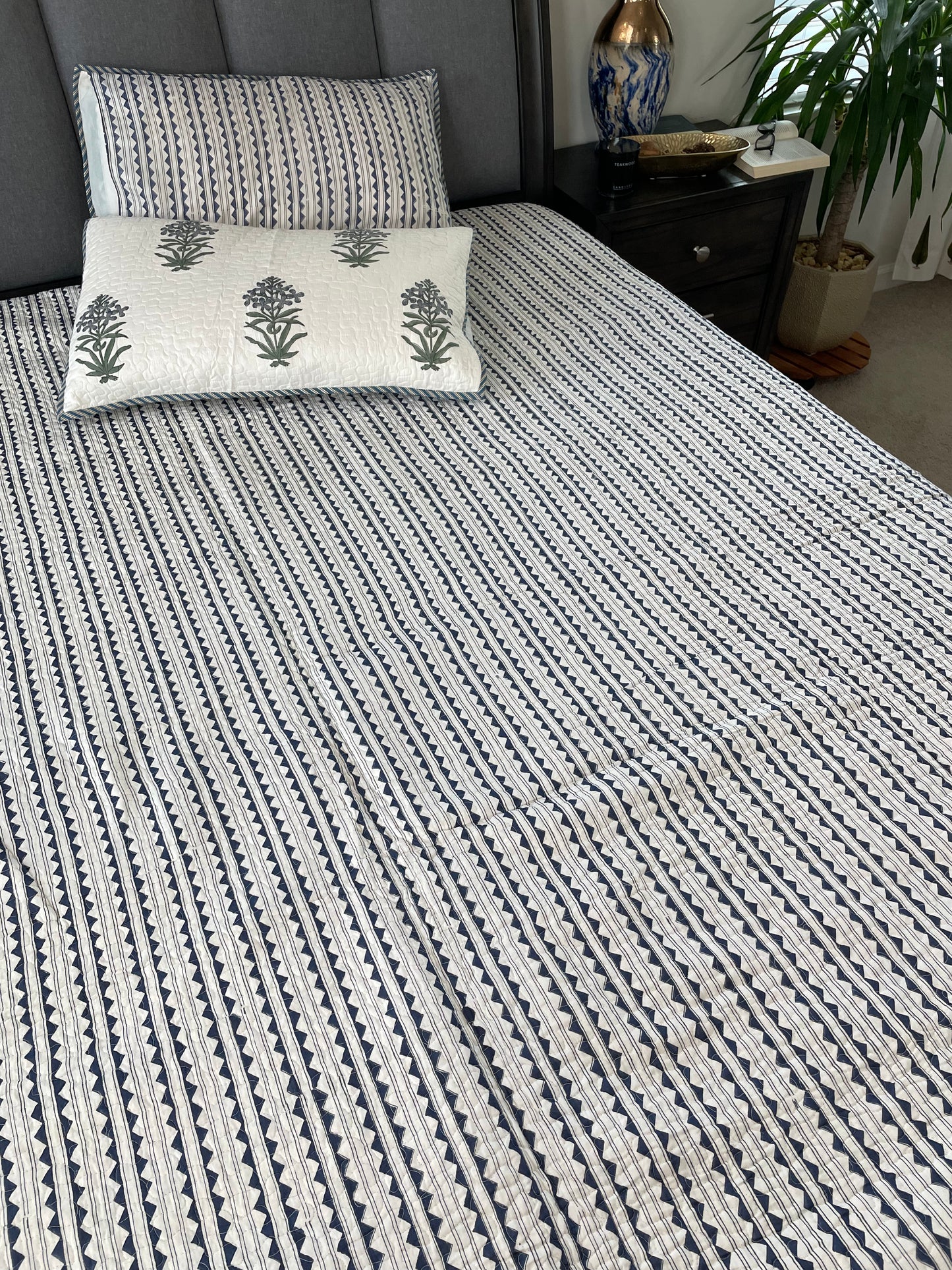 Blue Horizon Handblock printed Reversible Mulmul quilted Bedcover - Quilted Pillow cover Included