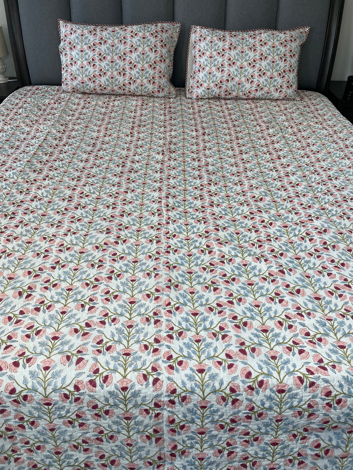 Eternal Craft Handblock printed Reversible Mulmul quilted Bedcover - Quilted Pillow cover Included