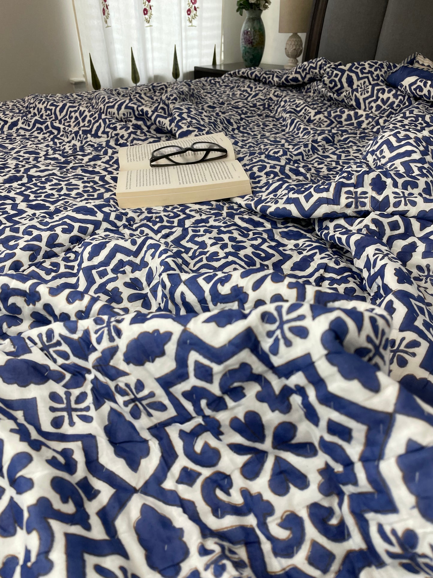 Indigo Dreams Handblocked and Hand Stitched Reversible Mulmul Cotton Quilt