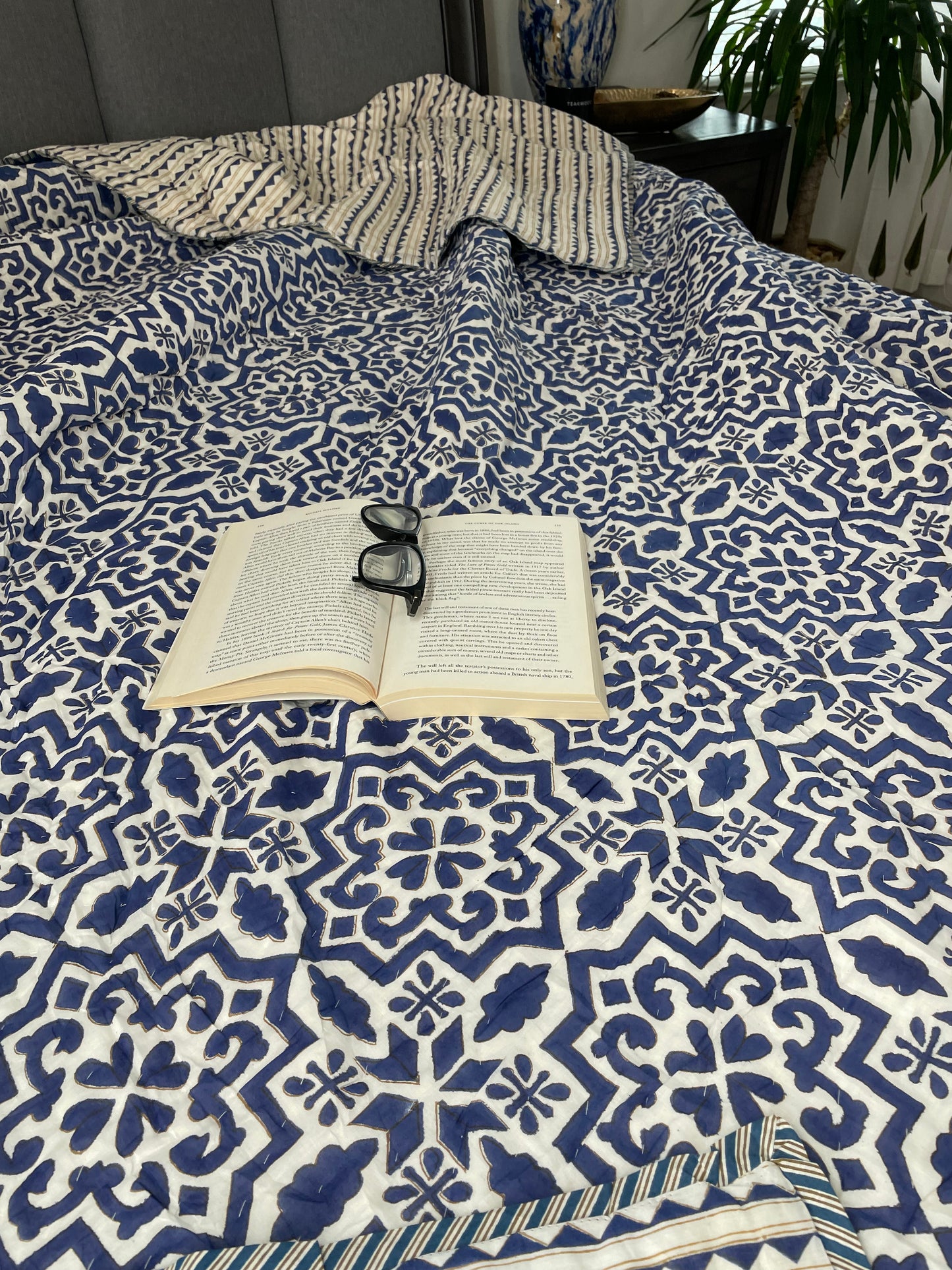 Indigo Dreams Handblocked and Hand Stitched Reversible Mulmul Cotton Quilt