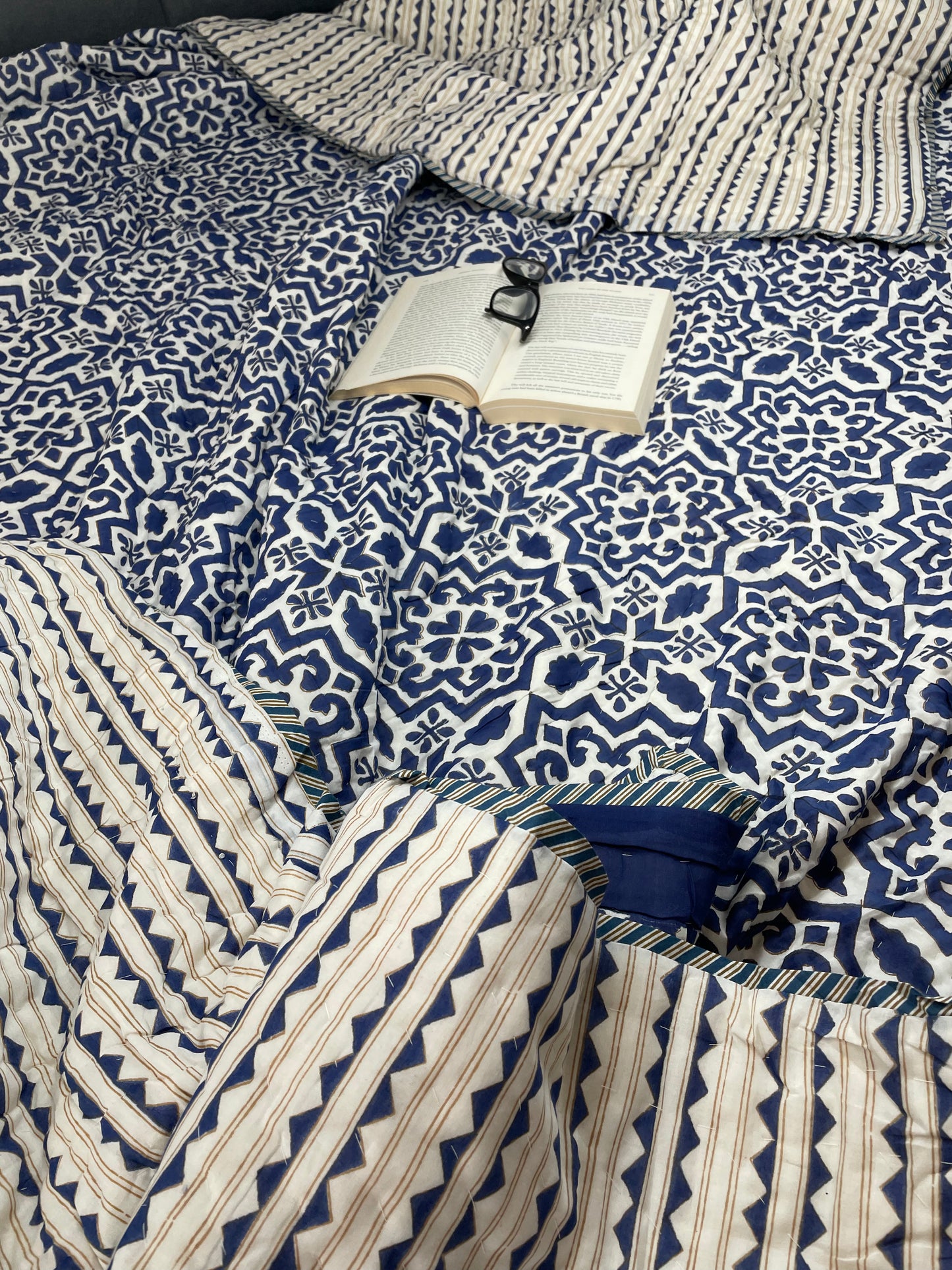 Indigo Dreams Handblocked and Hand Stitched Reversible Mulmul Cotton Quilt