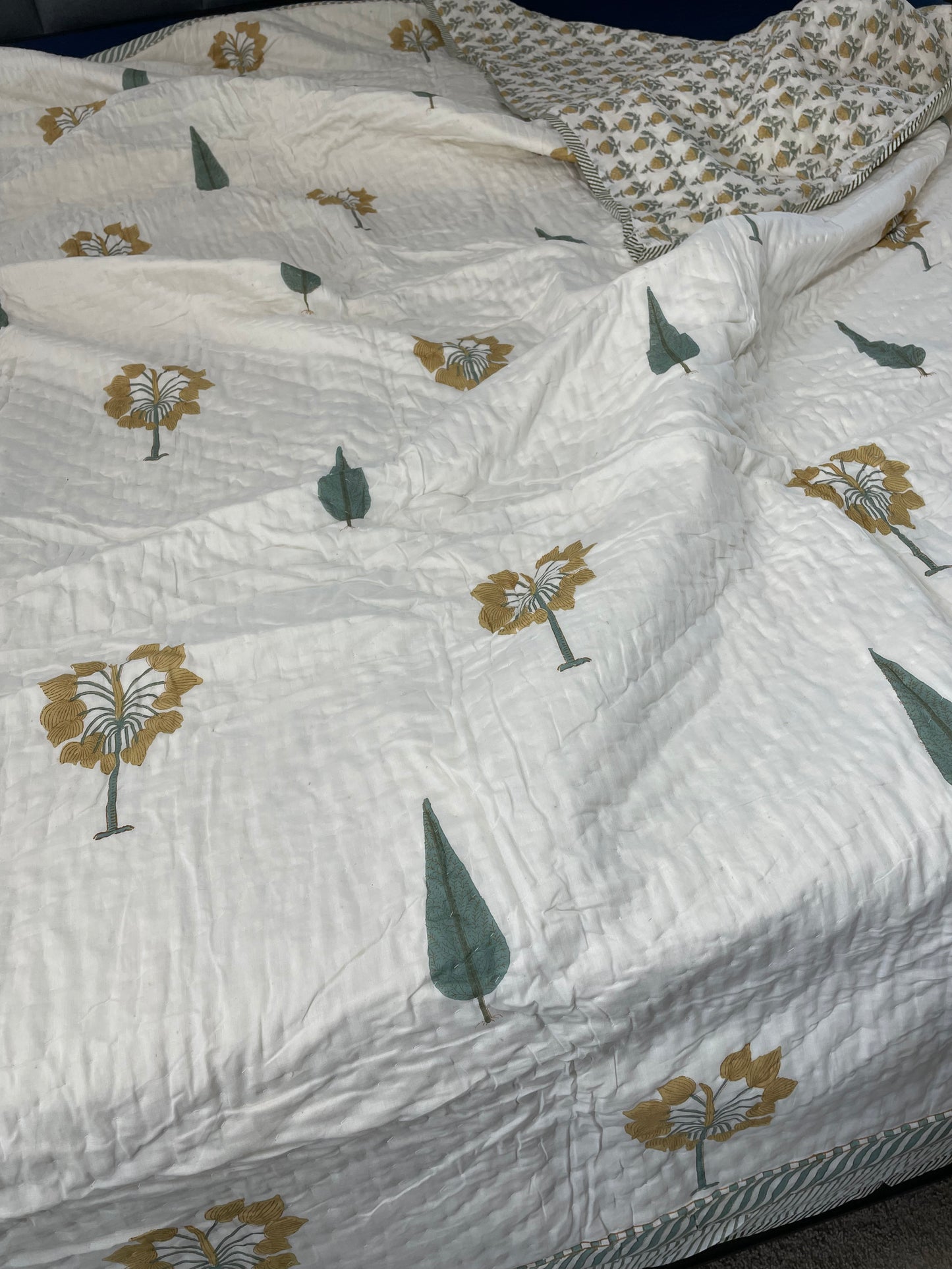 Wildflower Whispers Handblocked and Hand Stitched Reversible Mulmul Cotton Quilt