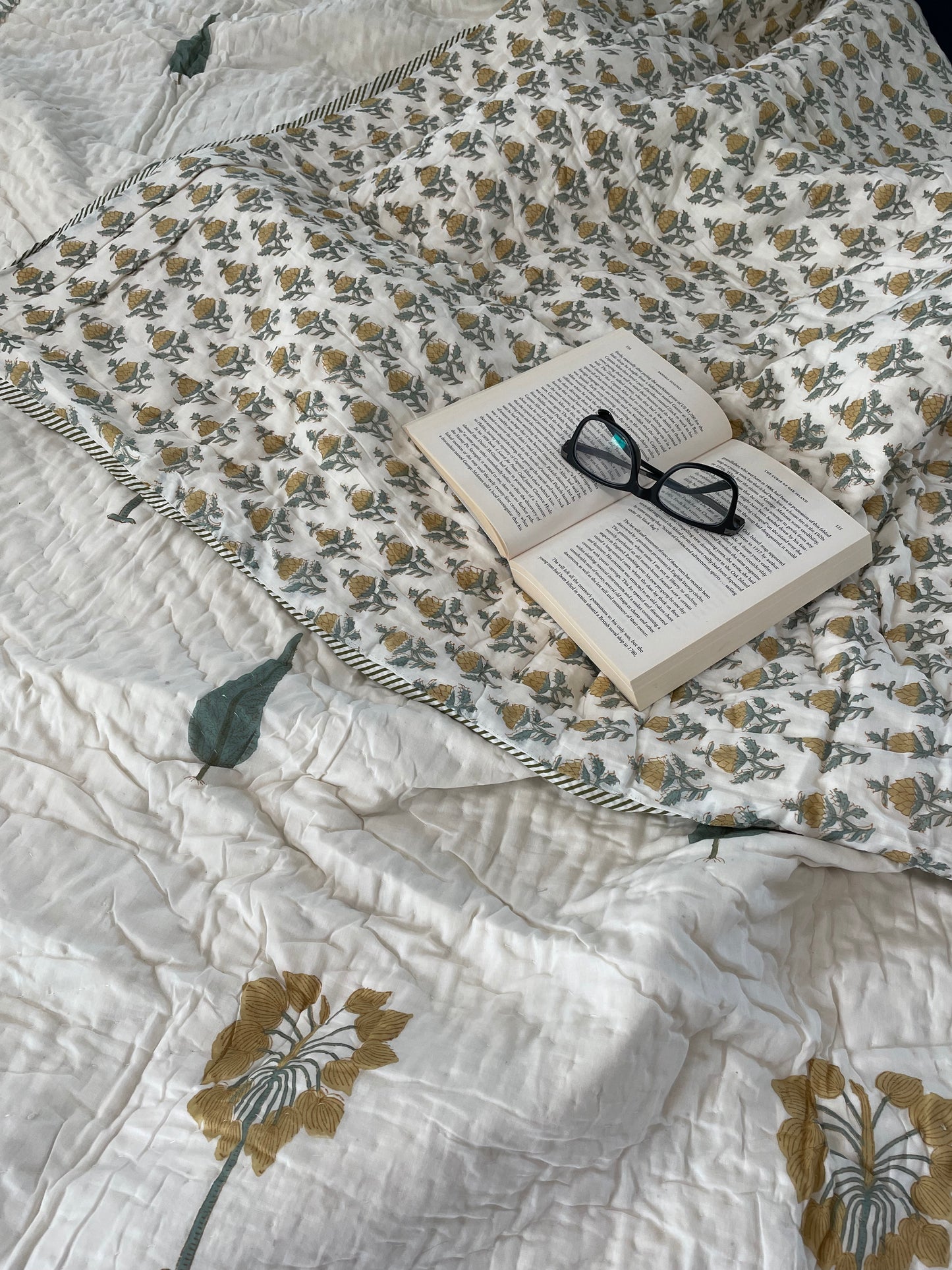 Wildflower Whispers Handblocked and Hand Stitched Reversible Mulmul Cotton Quilt