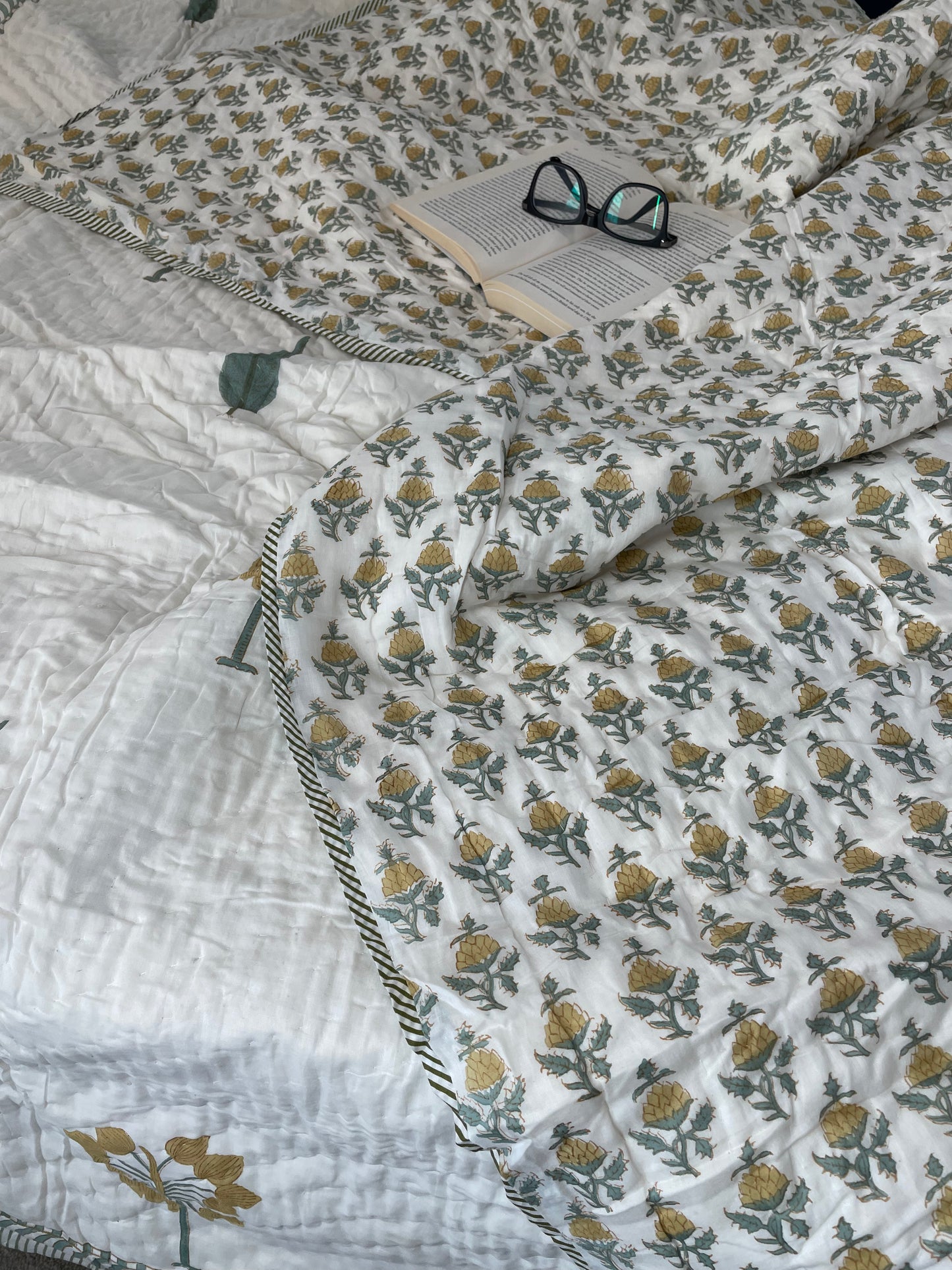 Wildflower Whispers Handblocked and Hand Stitched Reversible Mulmul Cotton Quilt