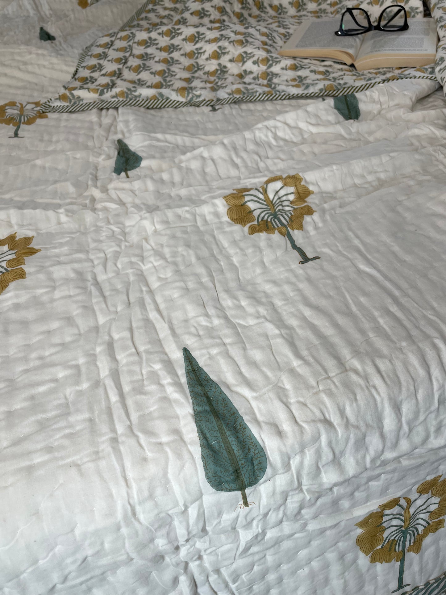 Wildflower Whispers Handblocked and Hand Stitched Reversible Mulmul Cotton Quilt